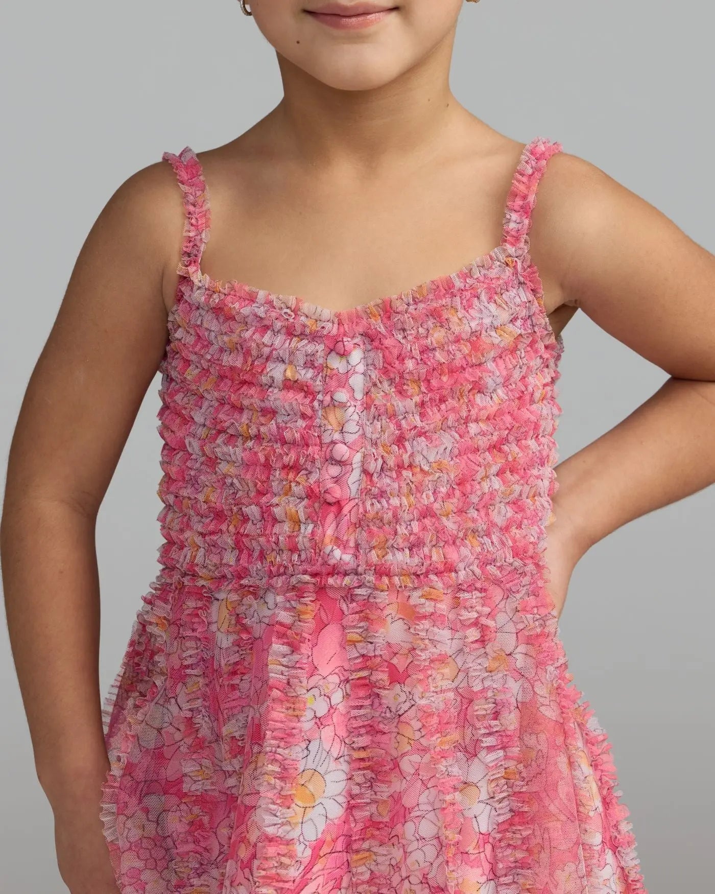 Girls Pink Floral Print Ruffle Mini Dress-Myartka