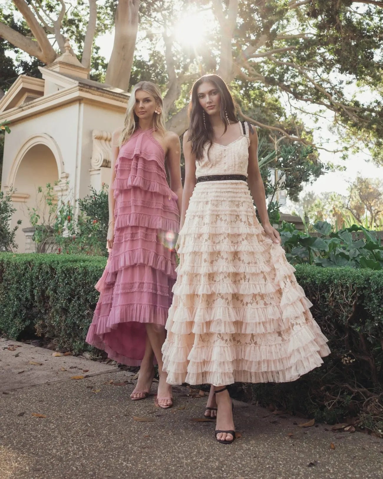 Pink Lace Tiered Midi Dress with Bow Straps-Myartka