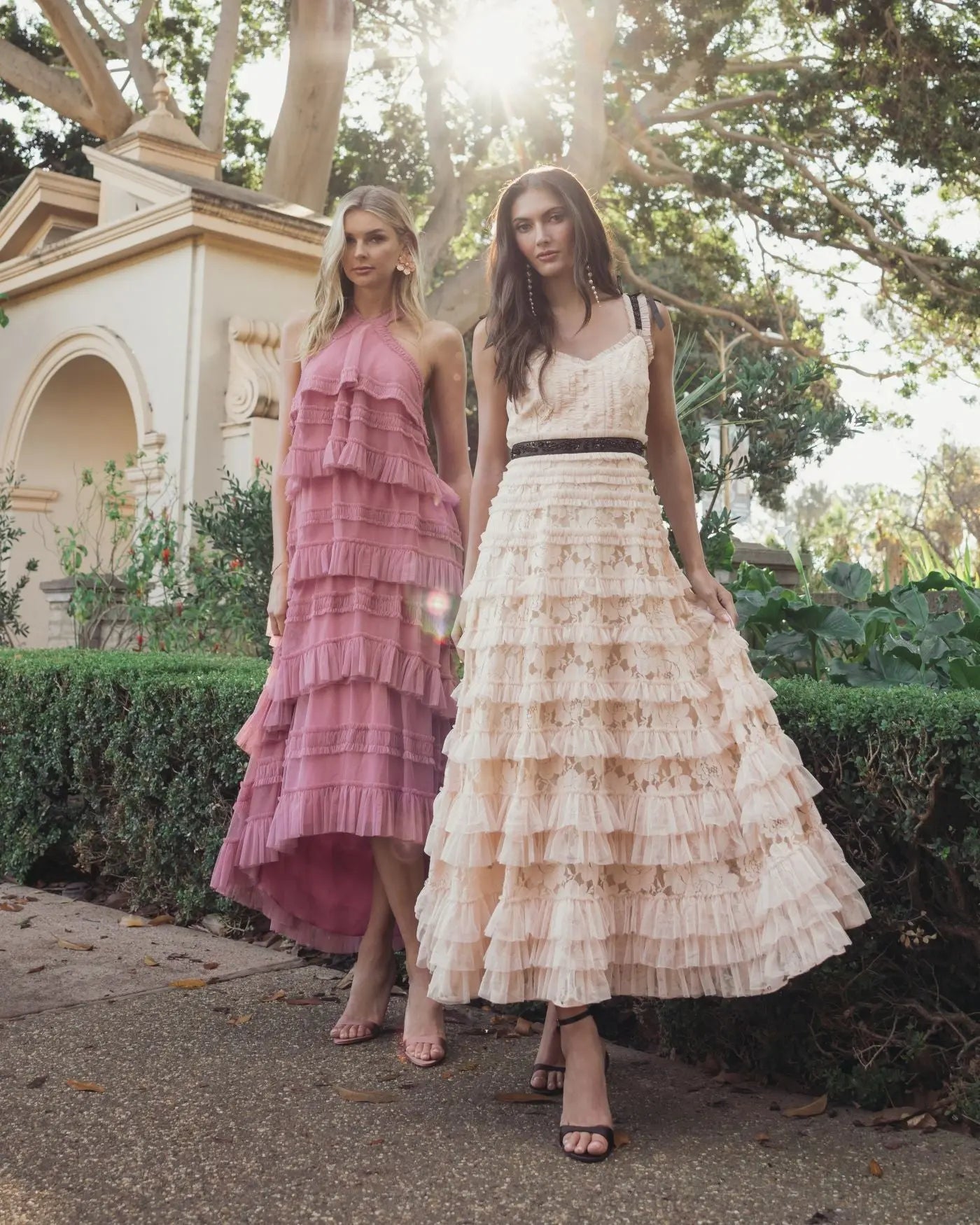 Pink Tiered Ruffle Halter Neck Midi Dress-Myartka