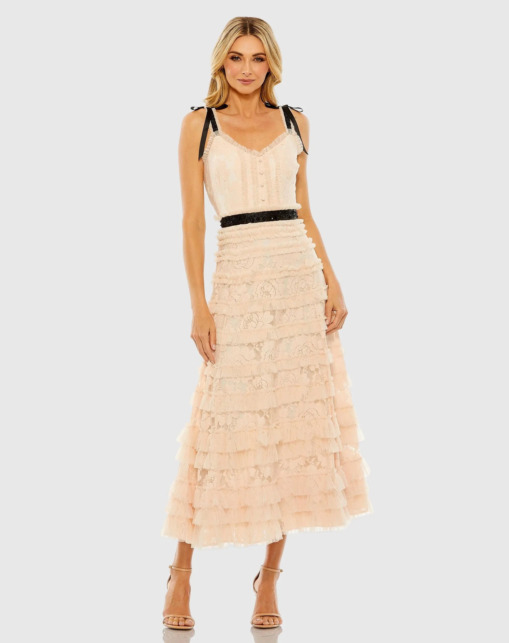 Pink Lace Tiered Midi Dress with Bow Straps-Myartka