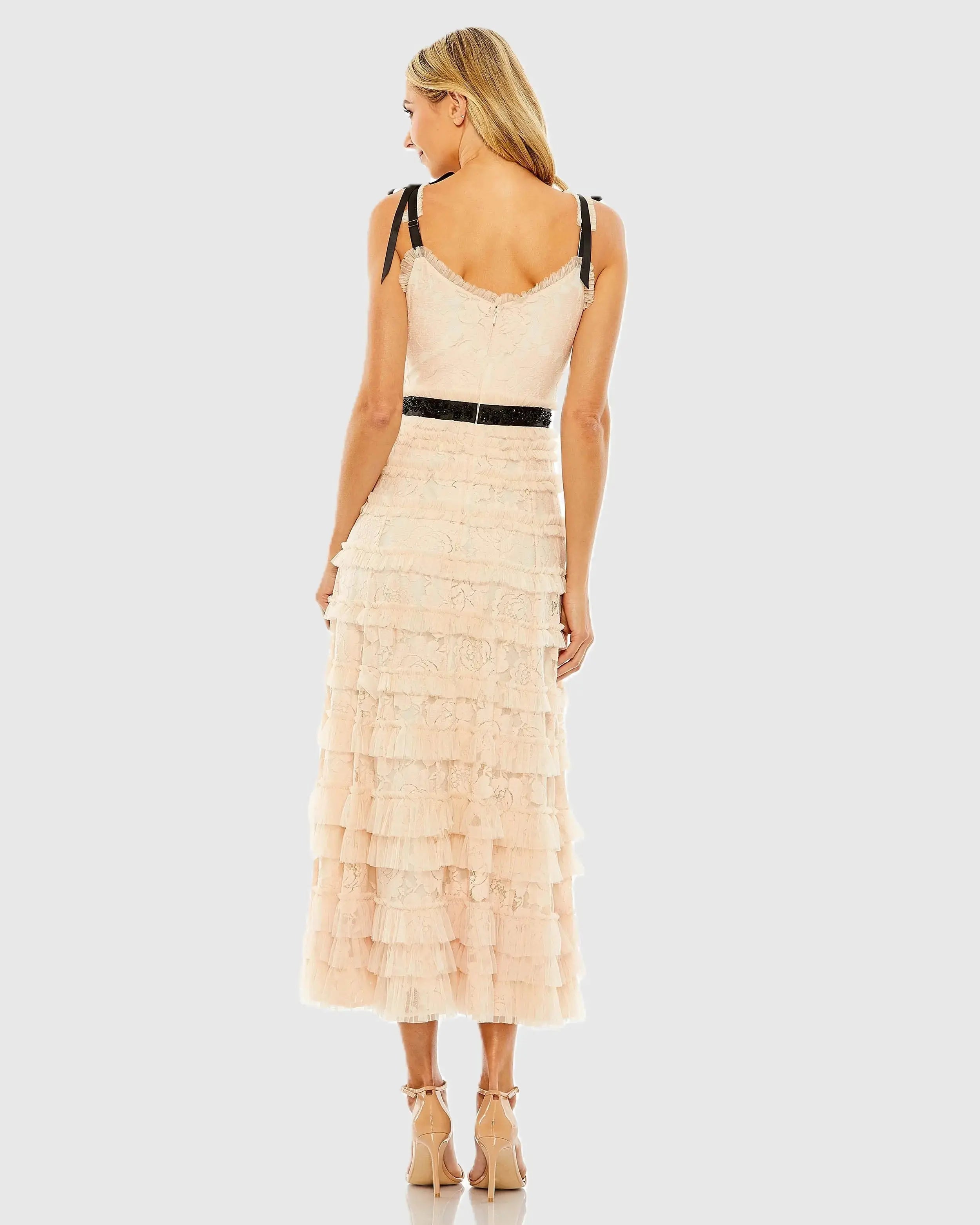 Pink Lace Tiered Midi Dress with Bow Straps-Myartka