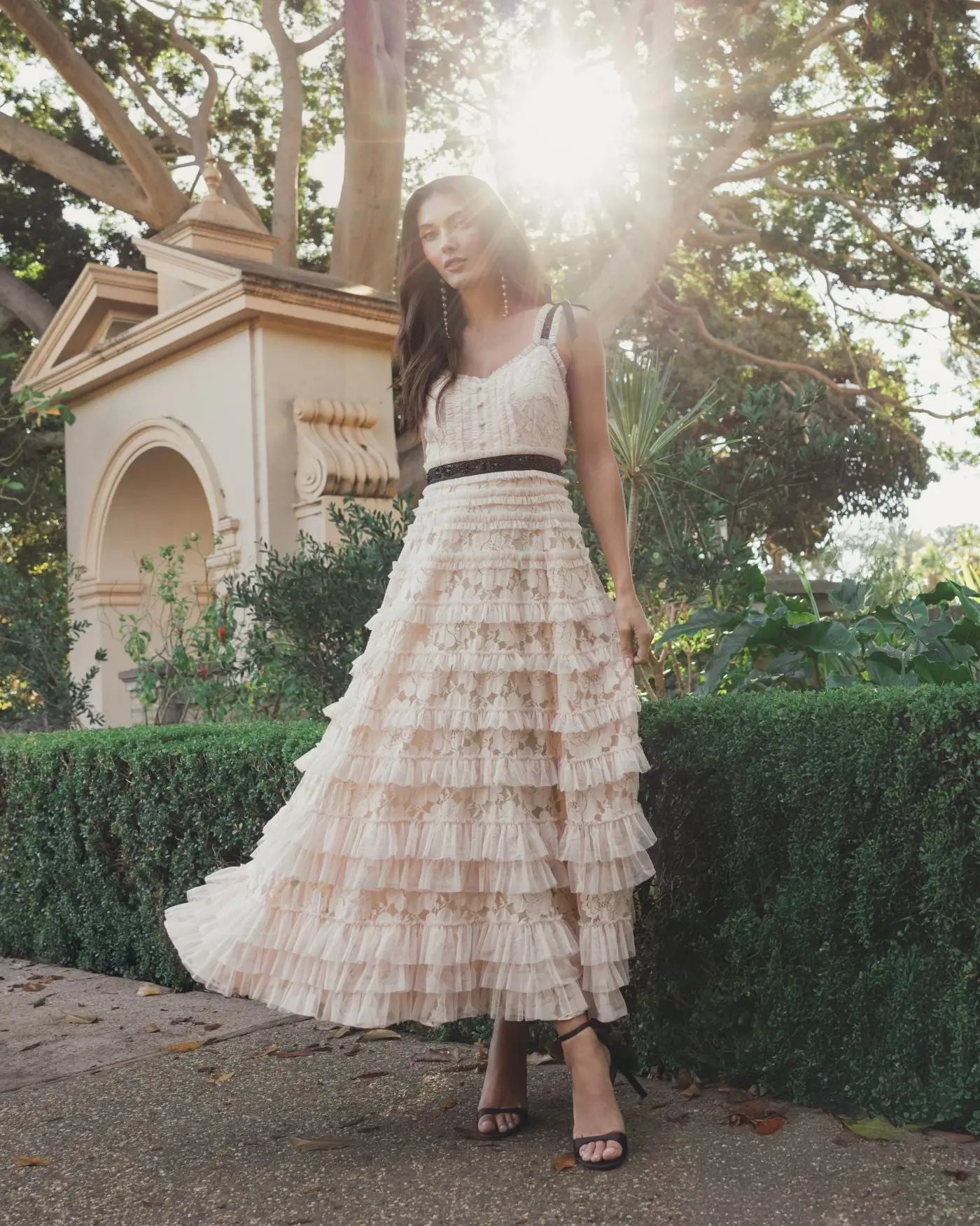 Pink Lace Tiered Midi Dress with Bow Straps-Myartka