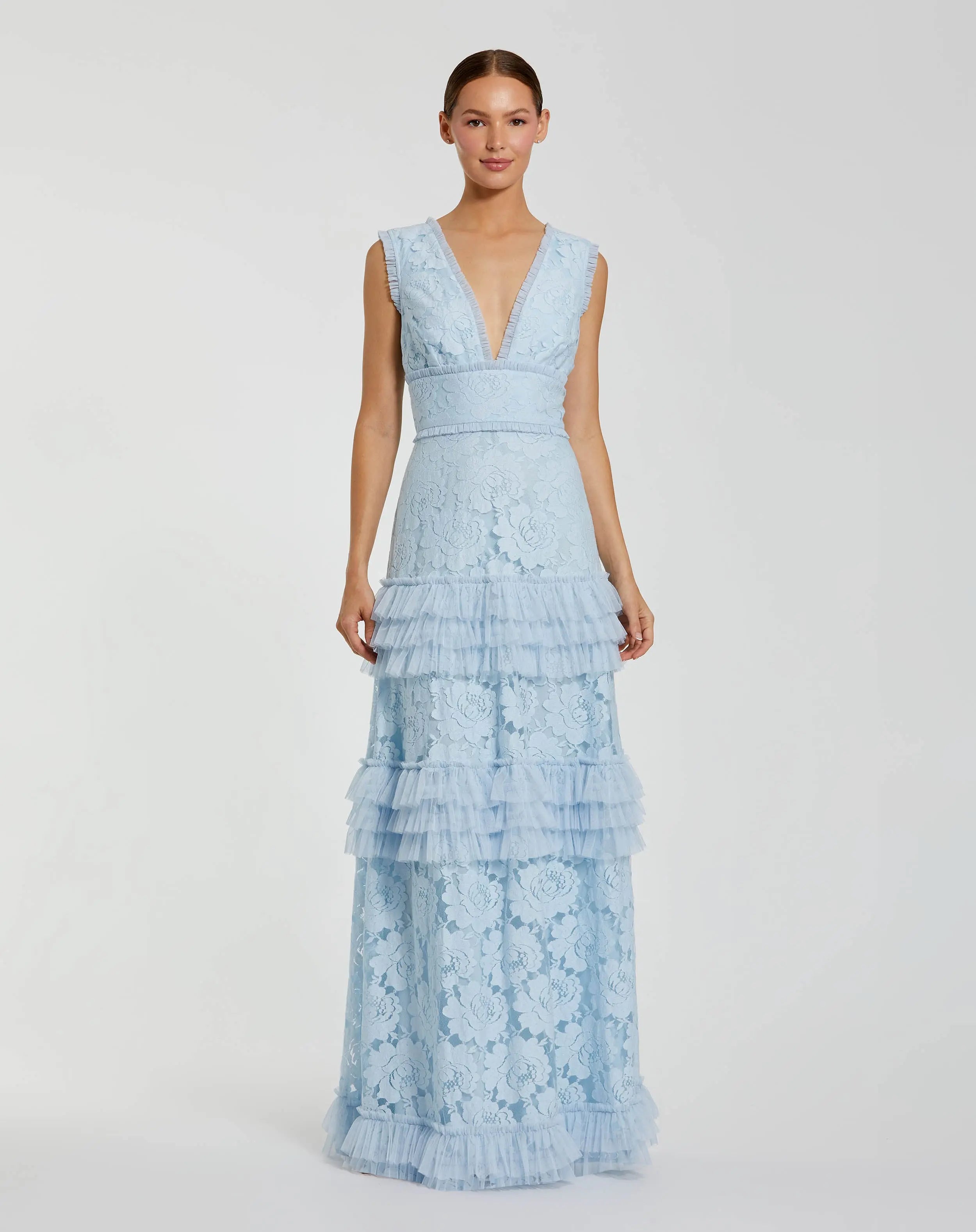 Blue V Neck Lace Tiered Ruffle Gown-Myartka