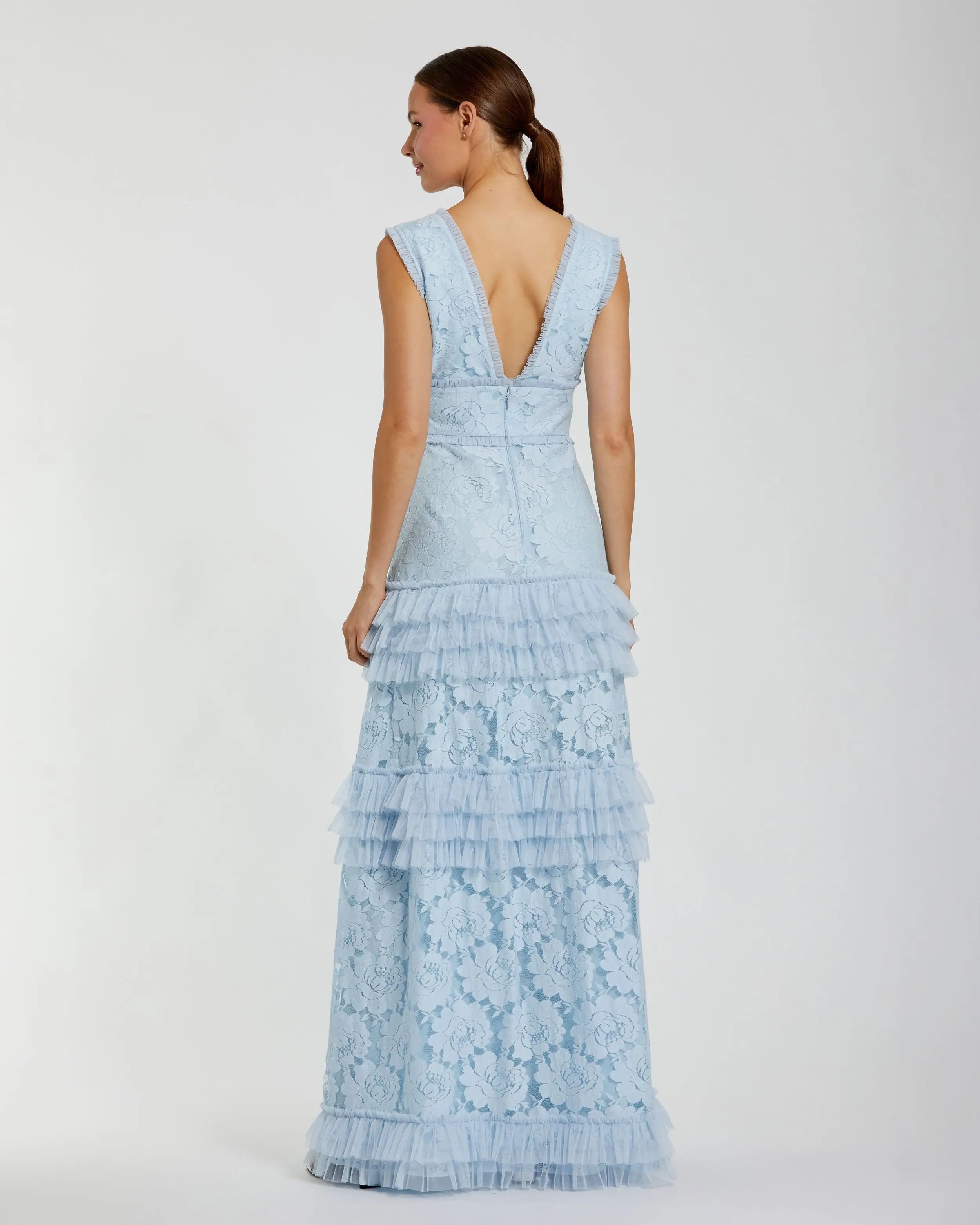Blue V Neck Lace Tiered Ruffle Gown-Myartka