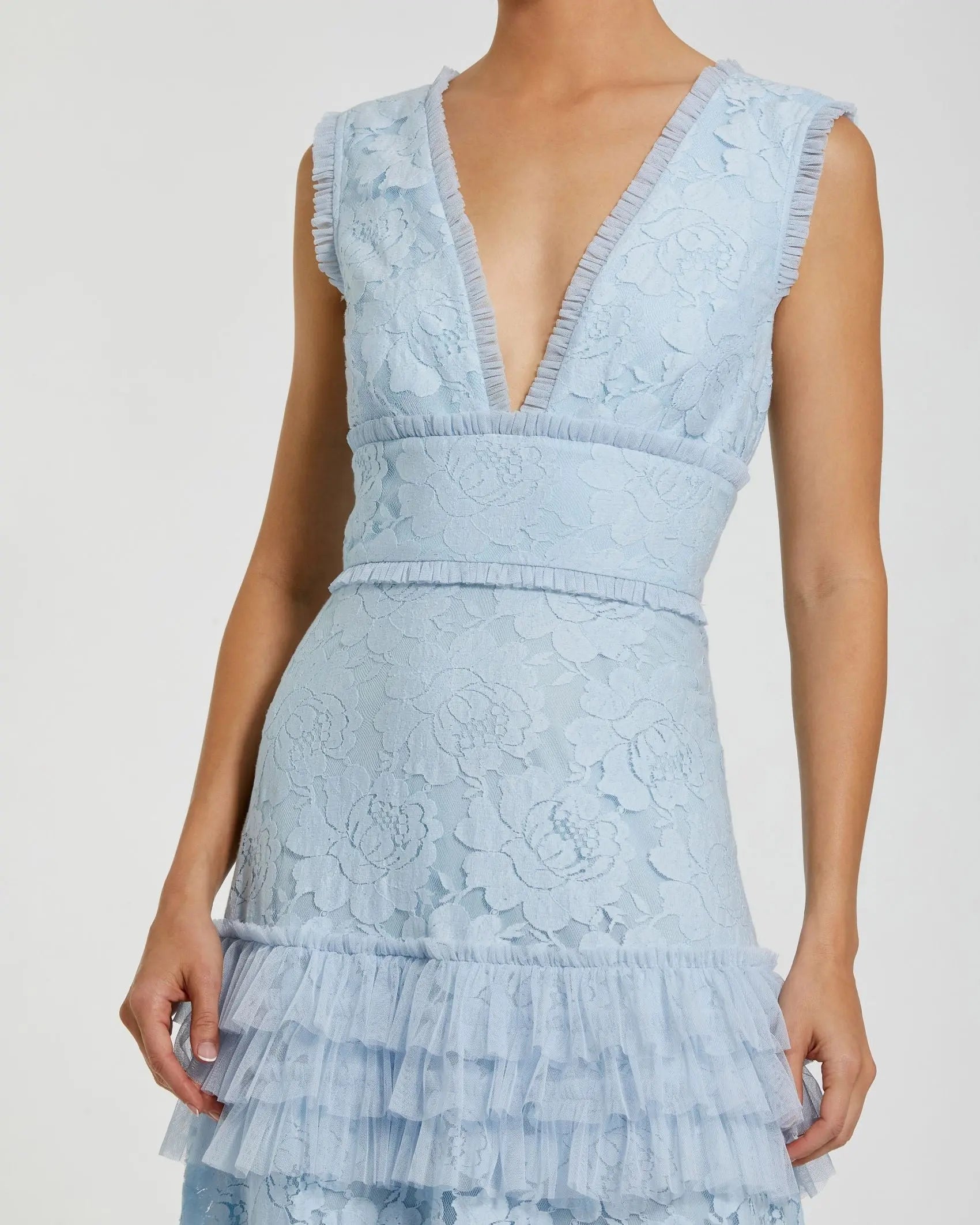 Blue V Neck Lace Tiered Ruffle Gown-Myartka