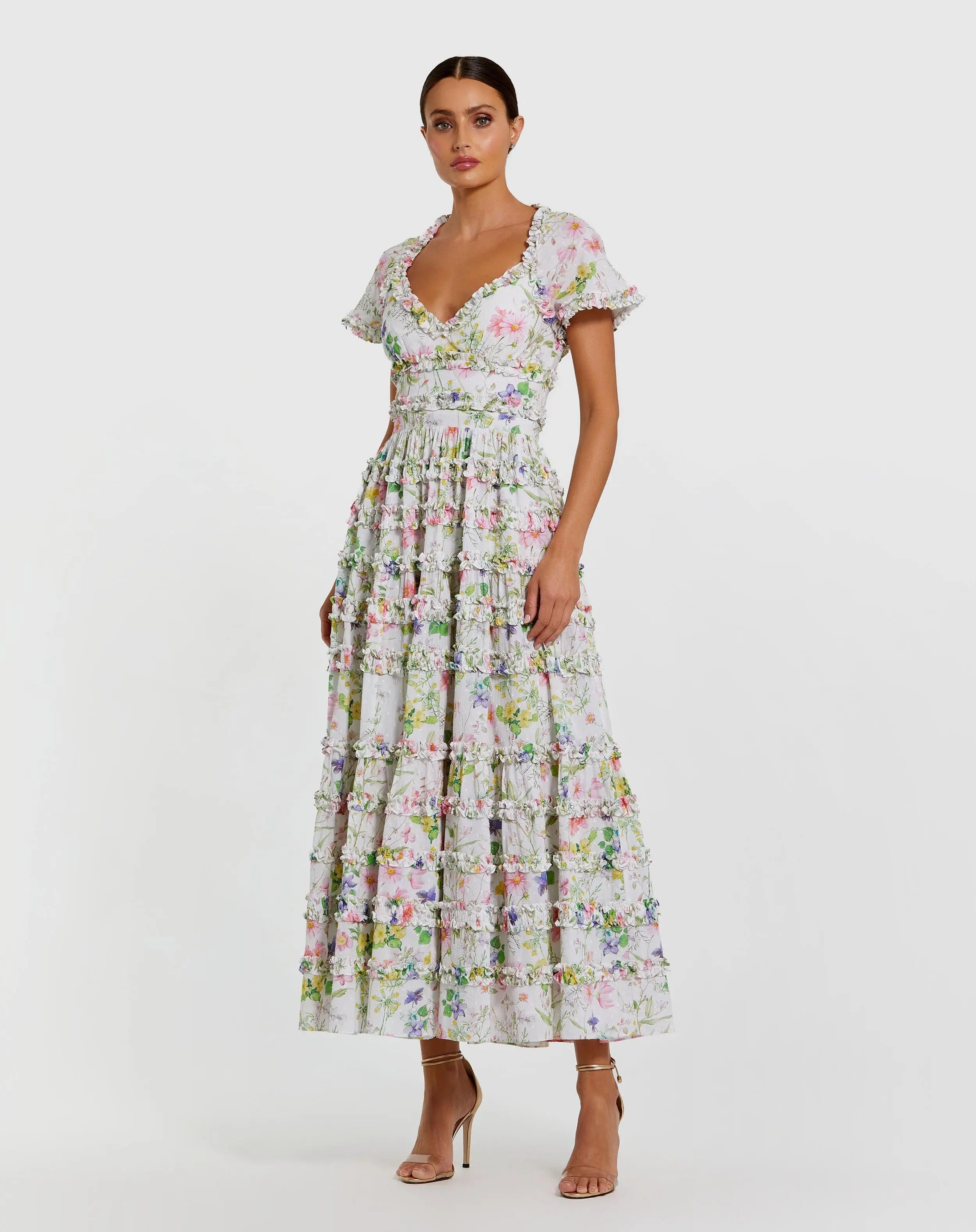 White Floral Ruffle Open Back Cotton Midi Dress-Myartka