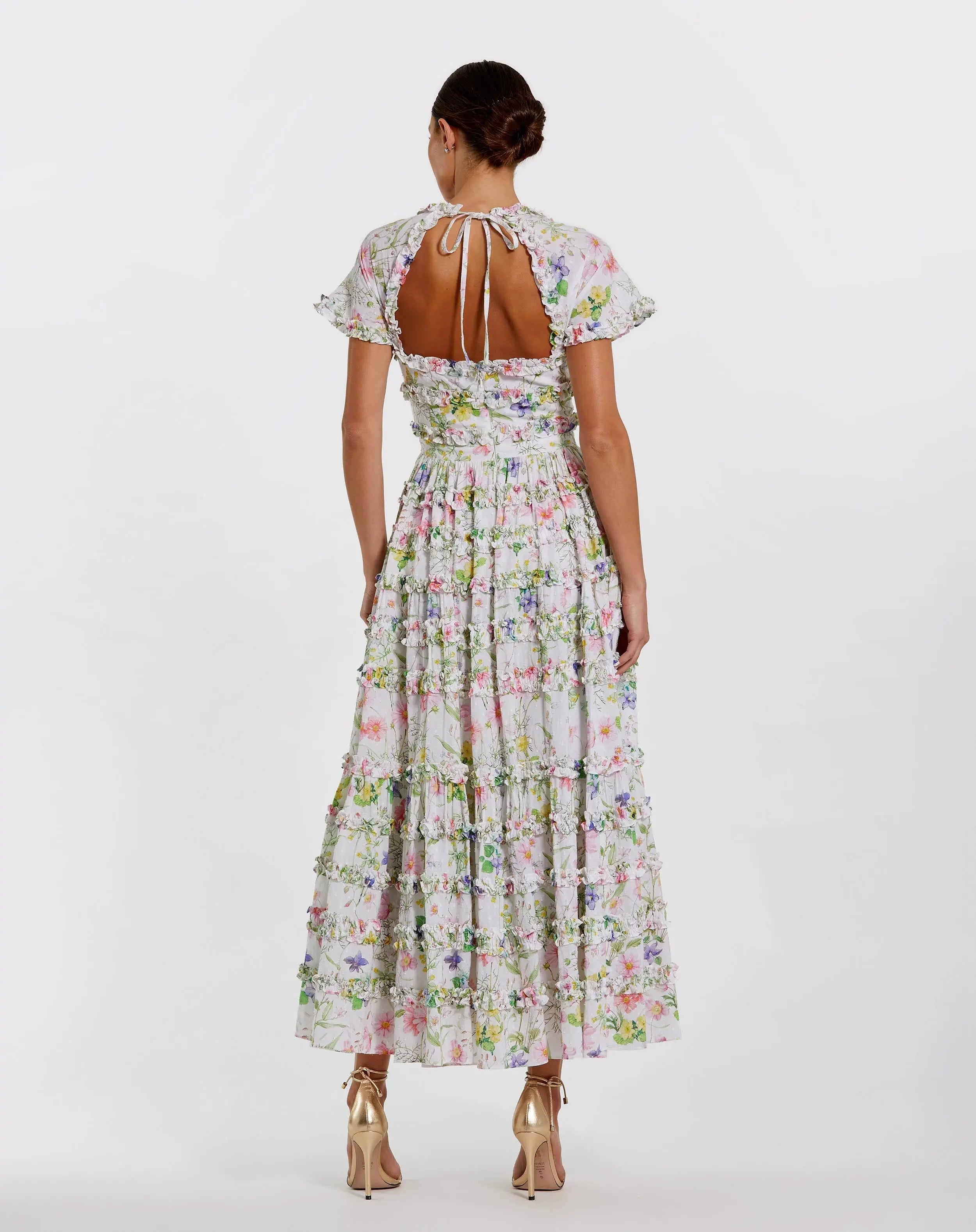 White Floral Ruffle Open Back Cotton Midi Dress-Myartka