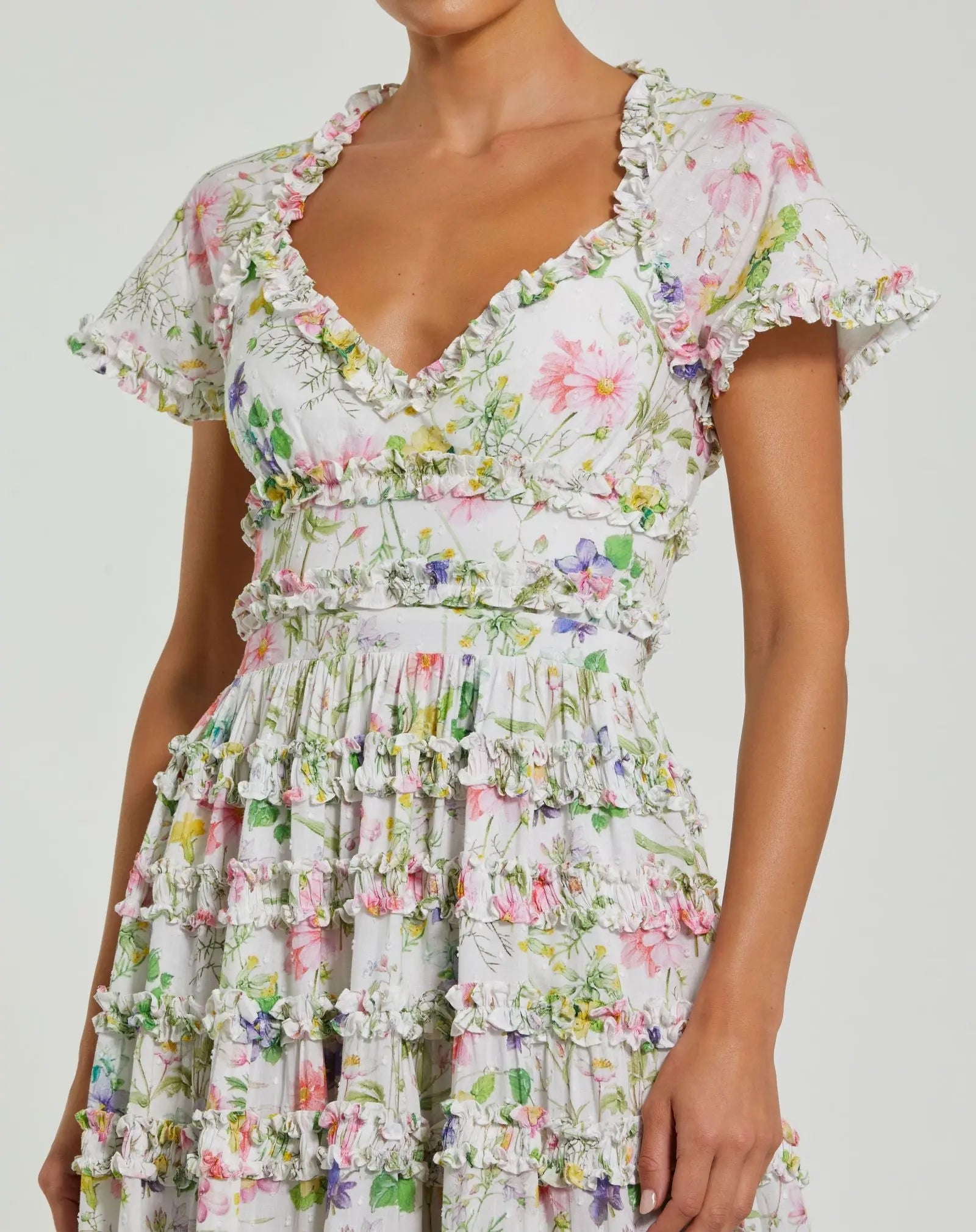 White Floral Ruffle Open Back Cotton Midi Dress-Myartka