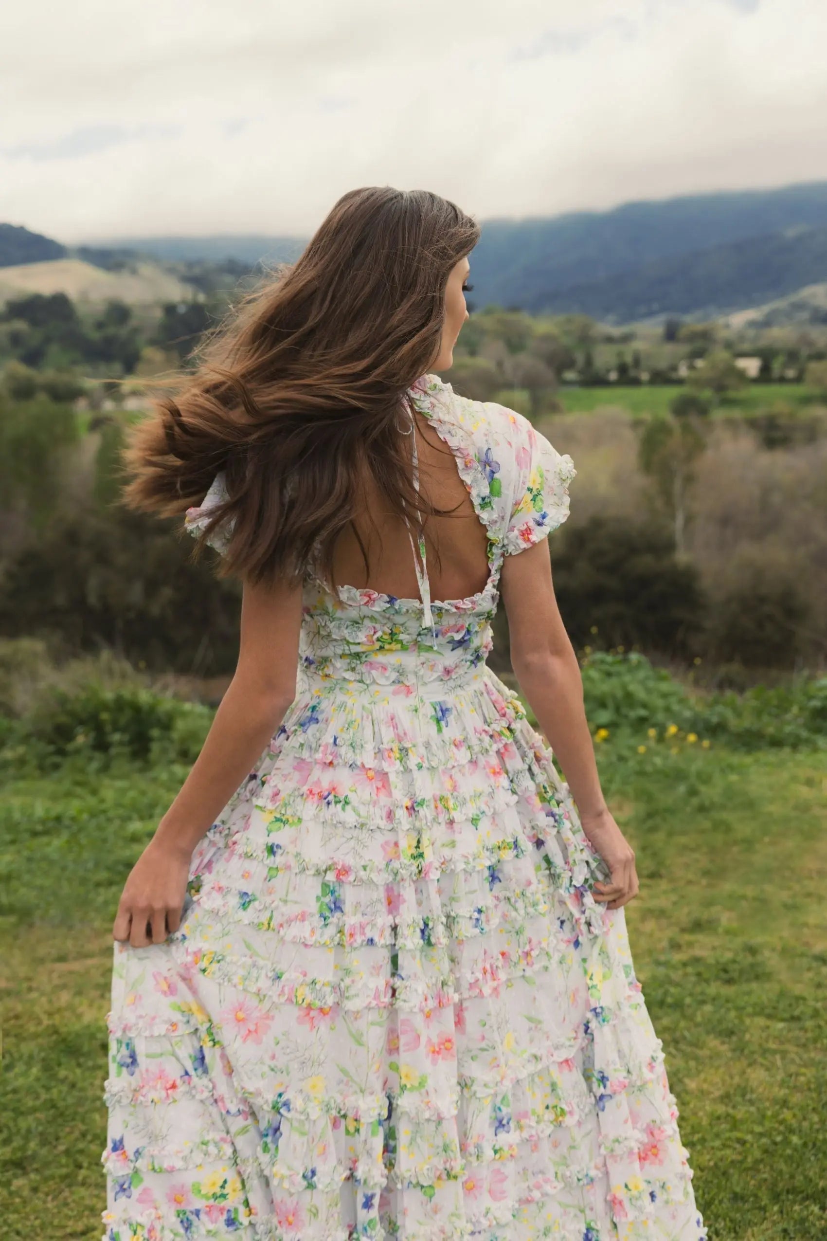 White Floral Ruffle Open Back Cotton Midi Dress-Myartka