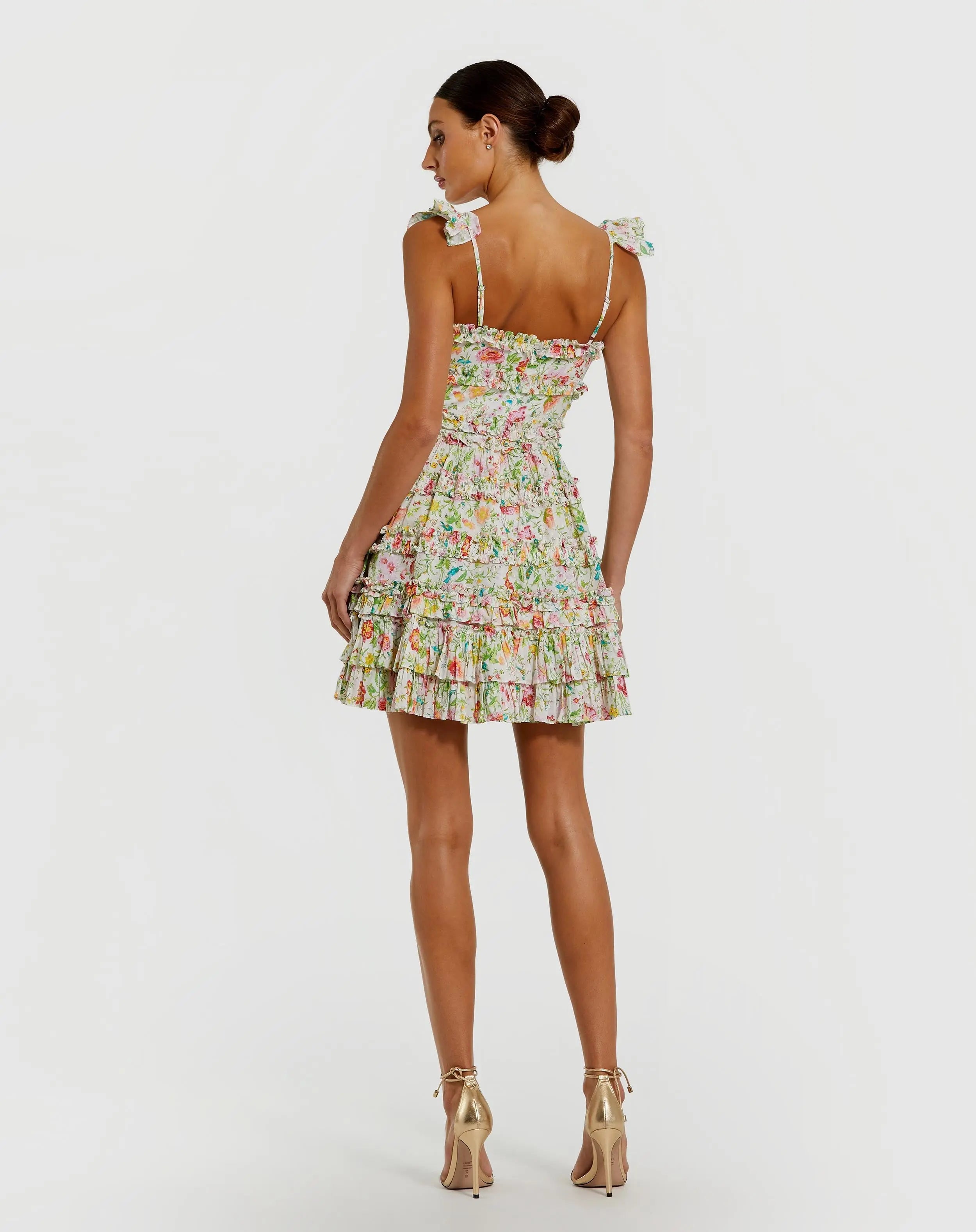 White Floral Tiered Ruffle Mini Dress-Myartka