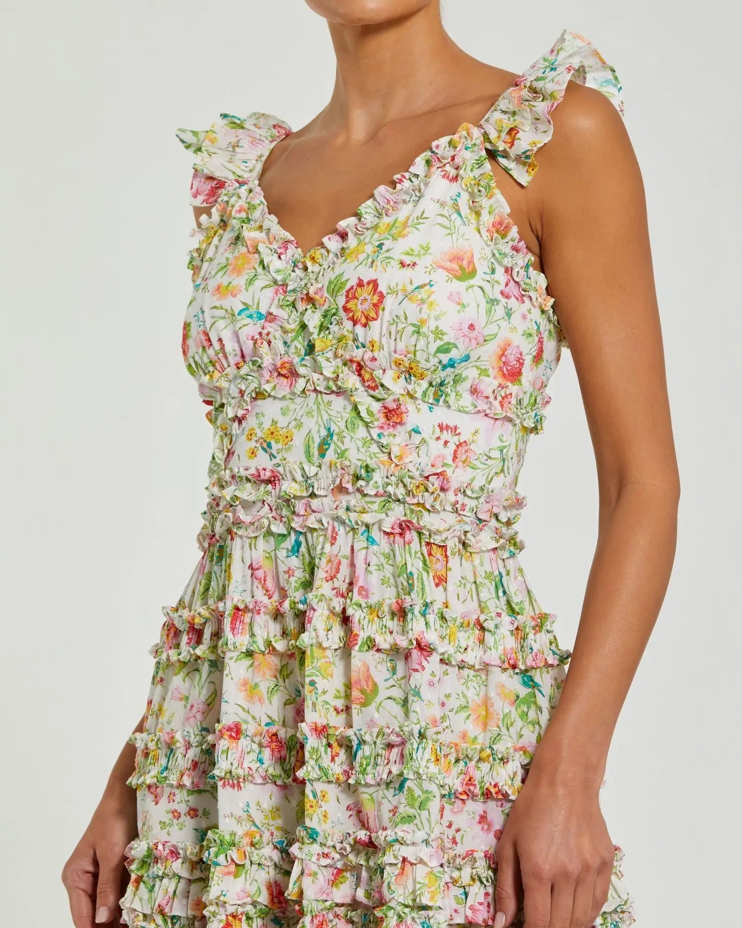 White Floral Tiered Ruffle Mini Dress-Myartka