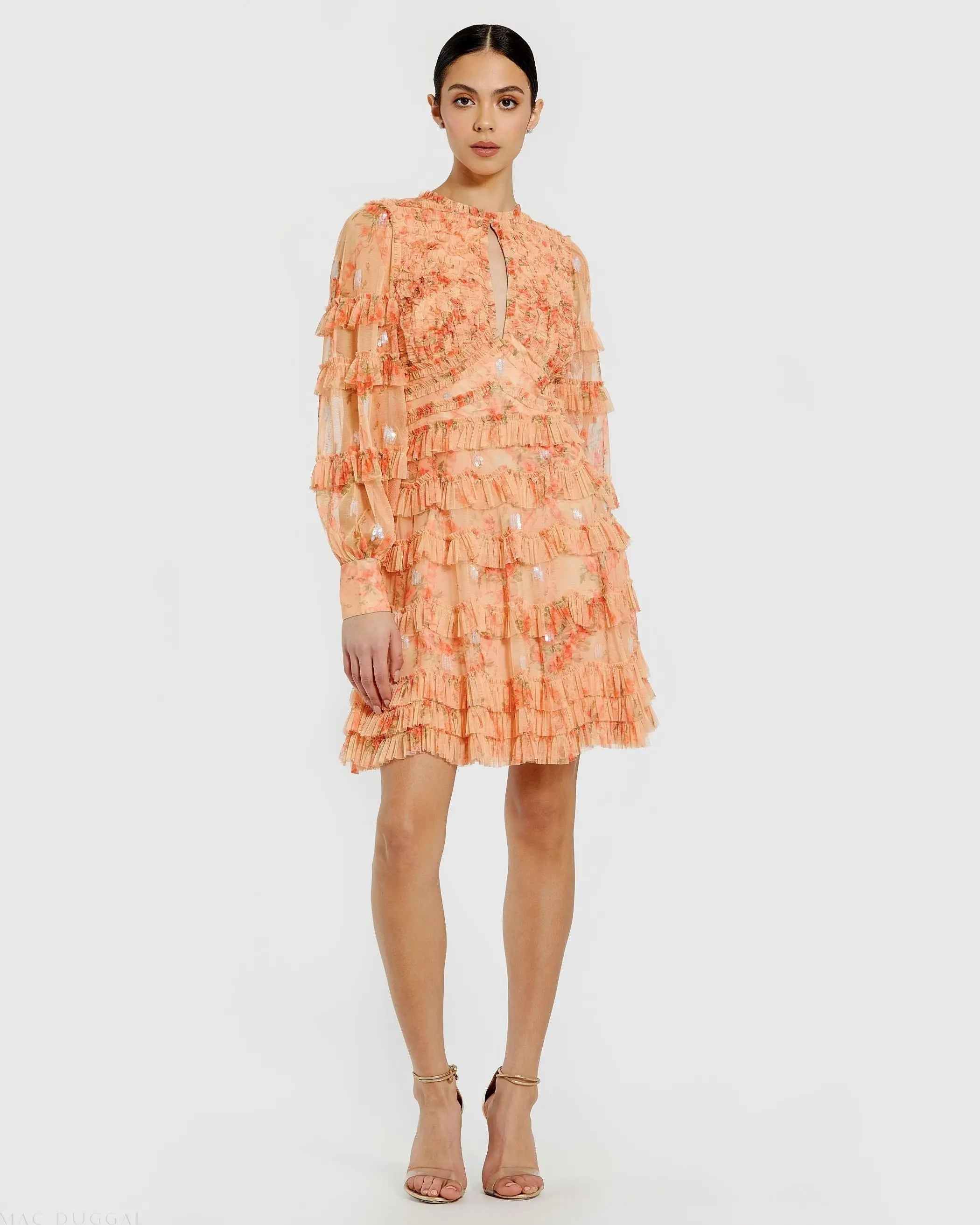 Orange Key Hole Detail Long Sleeve Dress-Myartka
