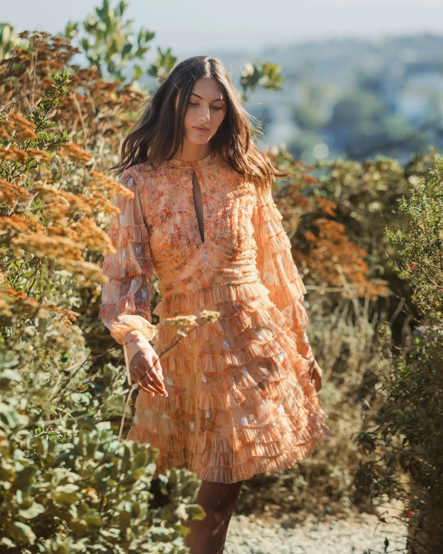 Orange Key Hole Detail Long Sleeve Dress-Myartka