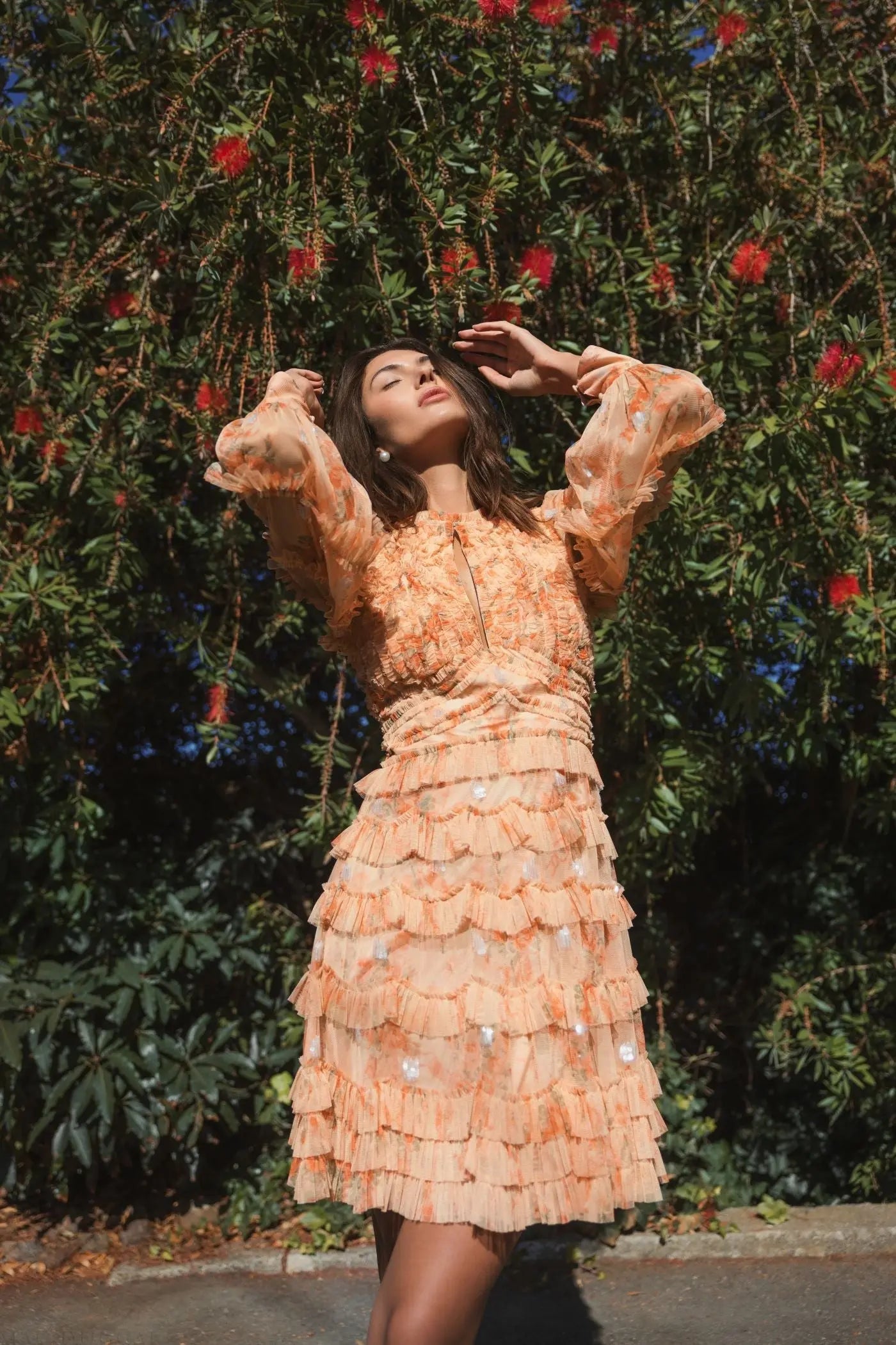 Orange Key Hole Detail Long Sleeve Dress-Myartka