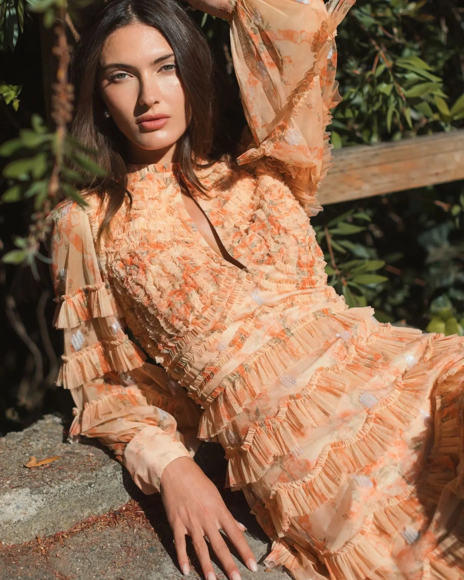 Orange Key Hole Detail Long Sleeve Dress-Myartka