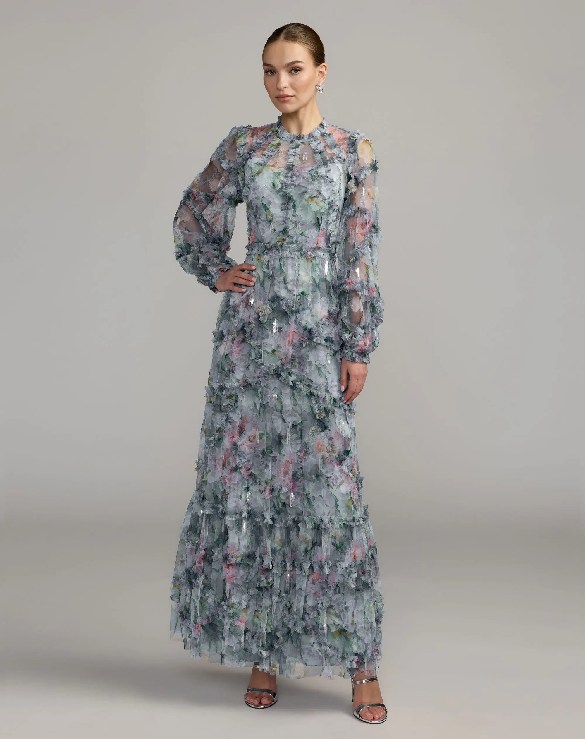 Blue Floral Long Sleeve High Neck Ruffle Maxi Dress-Myartka