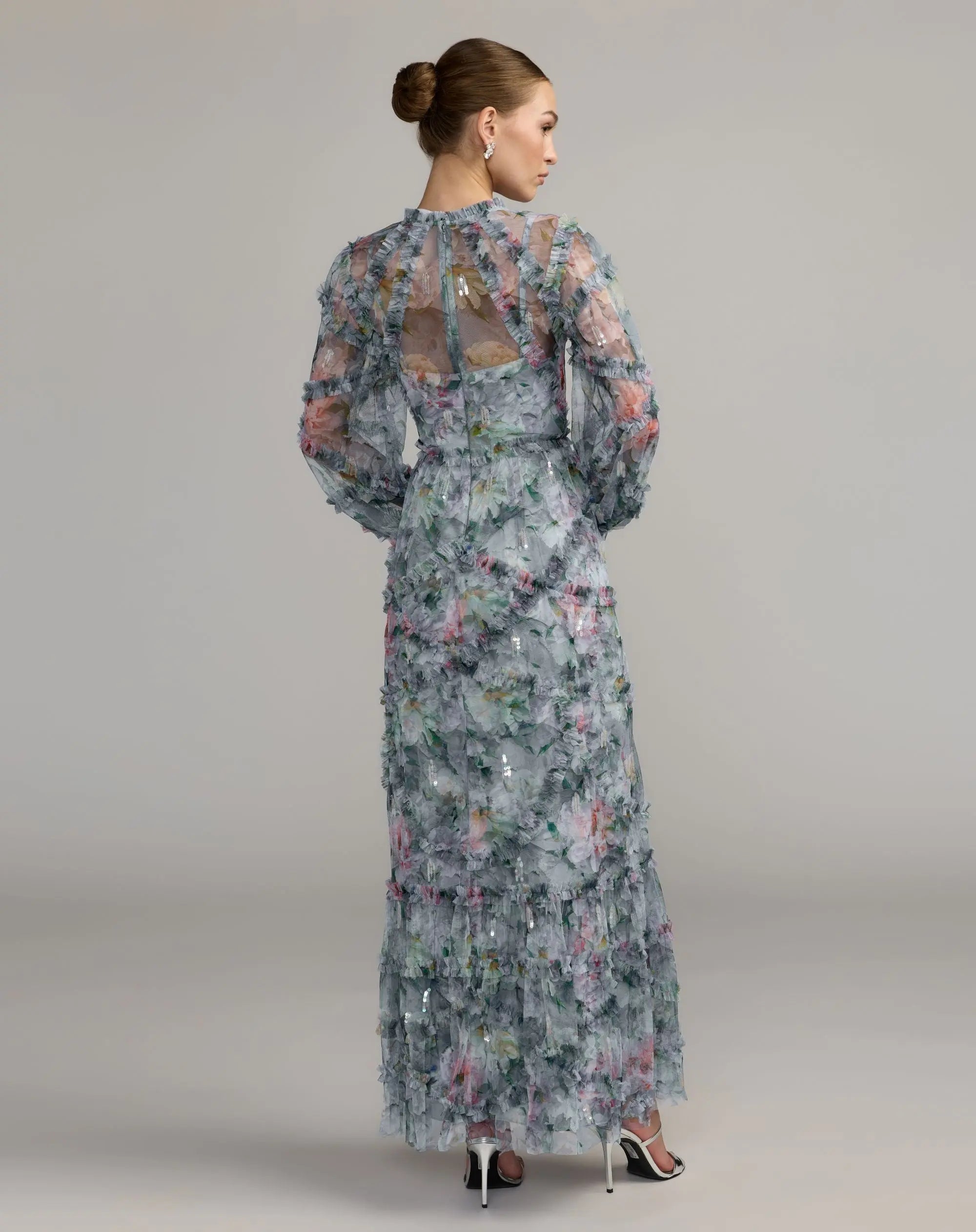 Blue Floral Long Sleeve High Neck Ruffle Maxi Dress-Myartka