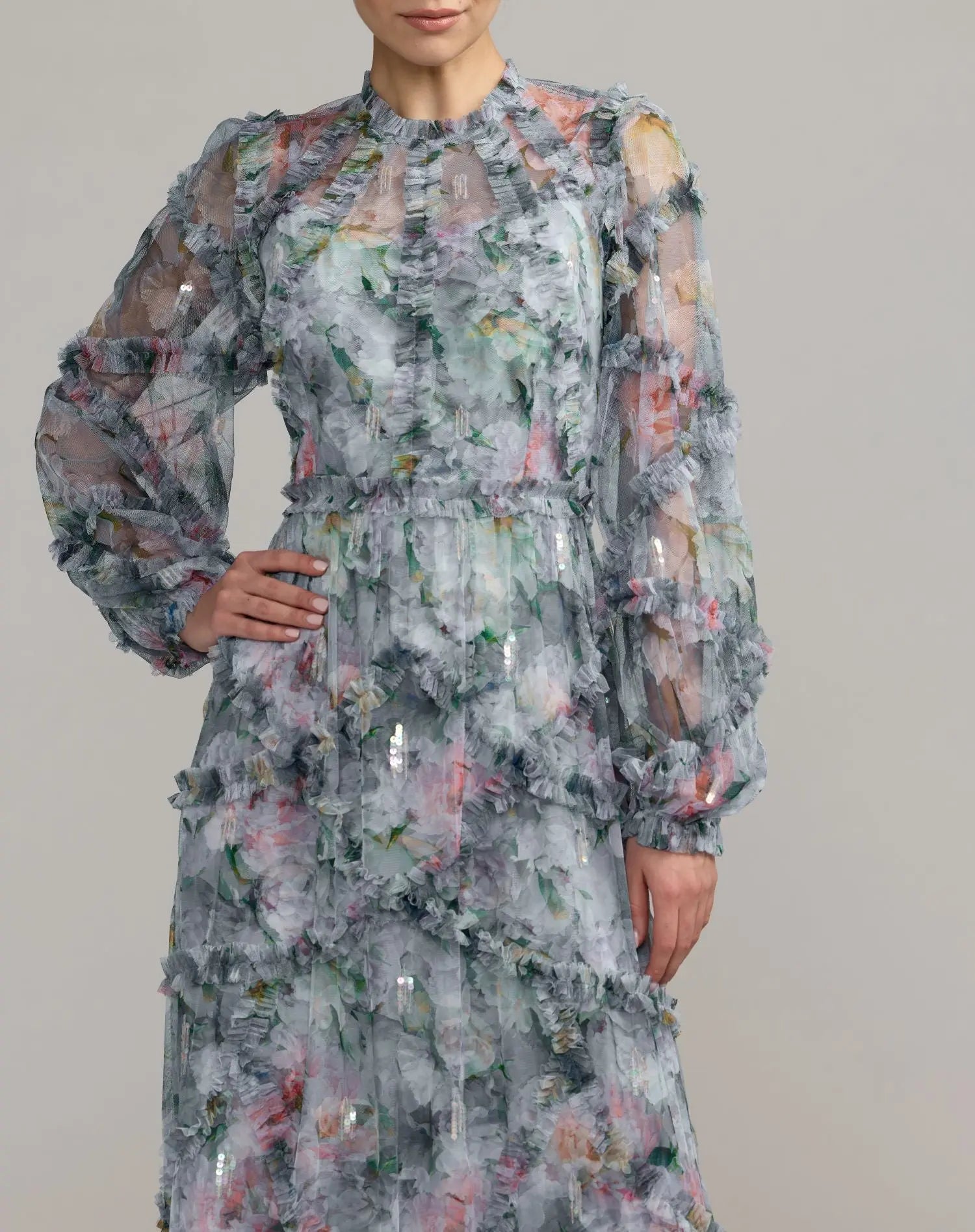 Blue Floral Long Sleeve High Neck Ruffle Maxi Dress-Myartka