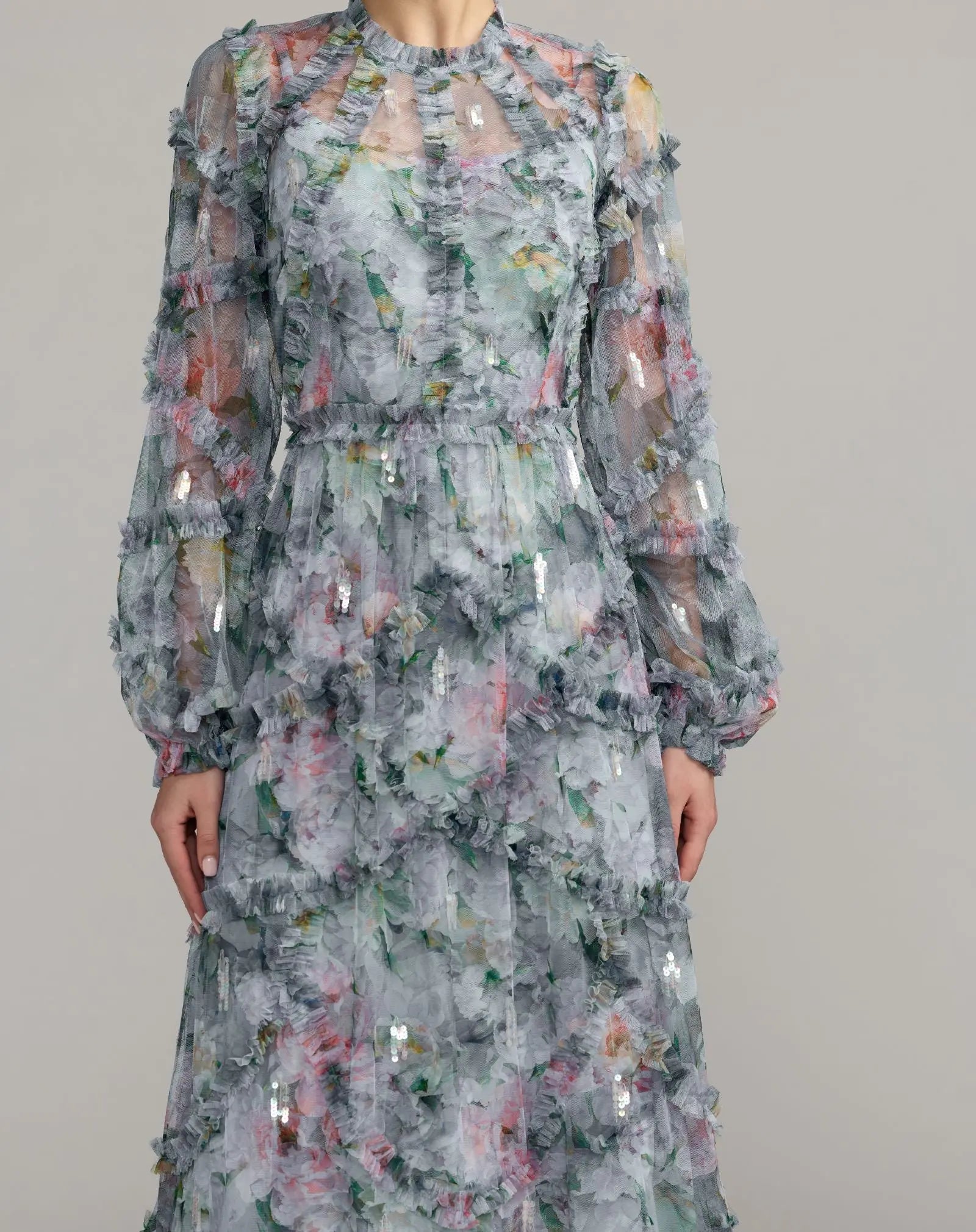 Blue Floral Long Sleeve High Neck Ruffle Maxi Dress-Myartka