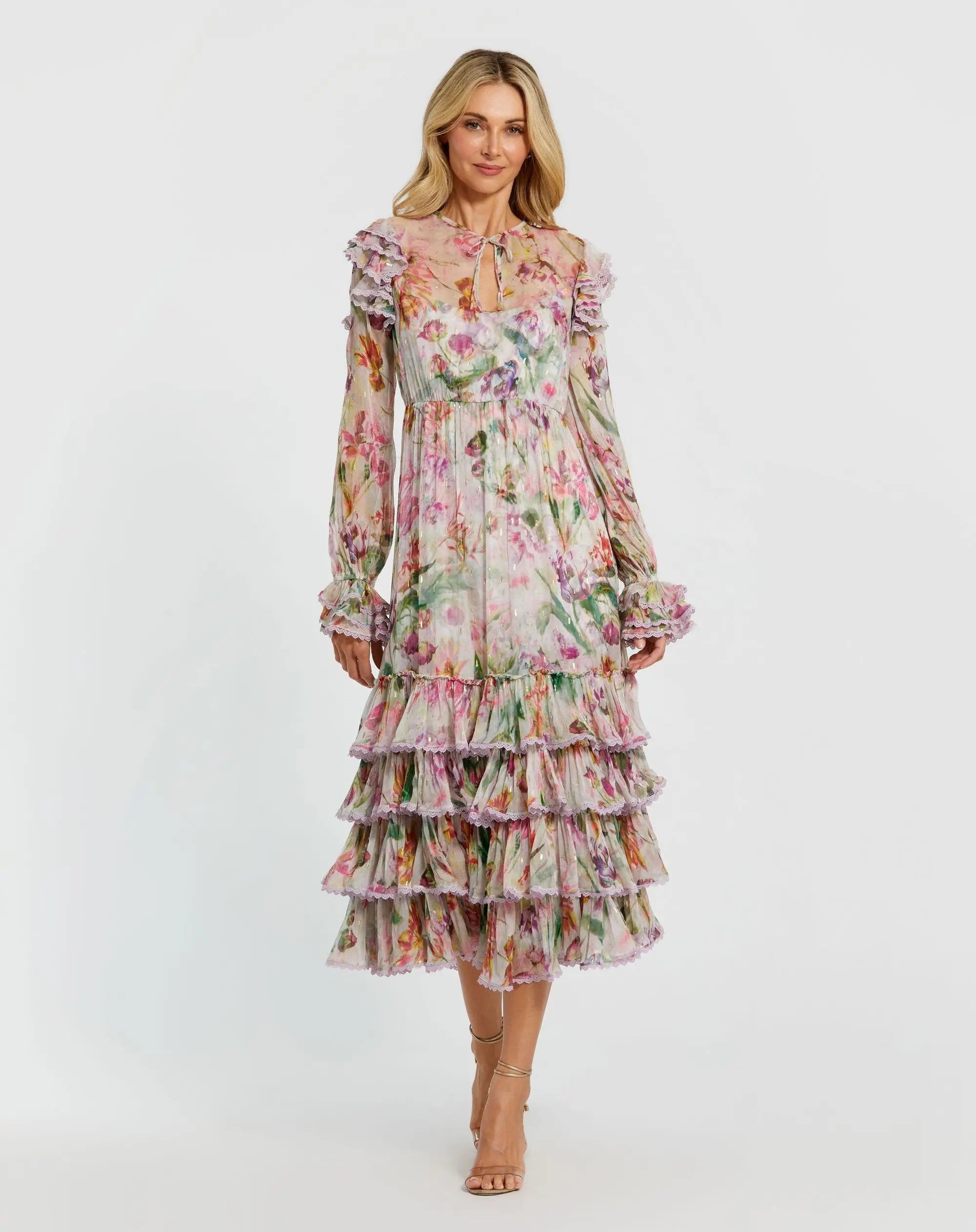 Multicolor Long Sleeve Ruffle Detail Floral Shift Dress-Myartka