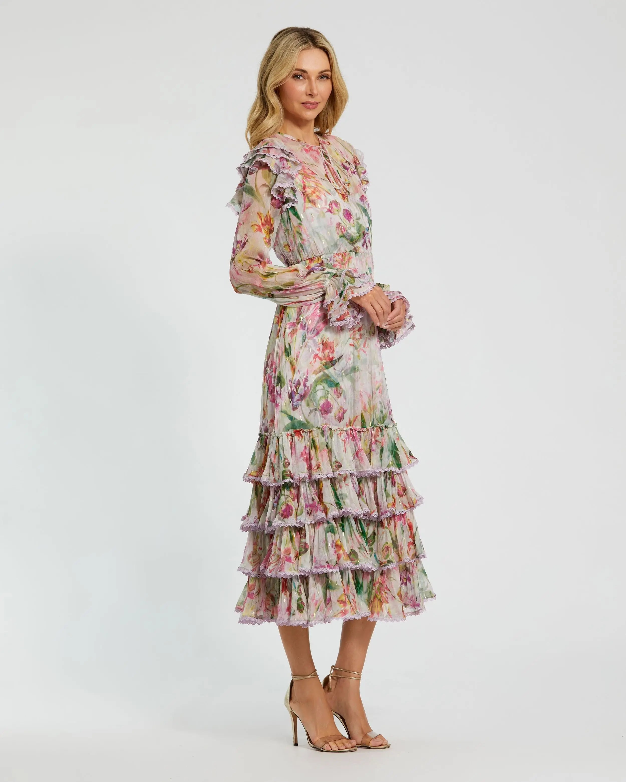 Multicolor Long Sleeve Ruffle Detail Floral Shift Dress-Myartka