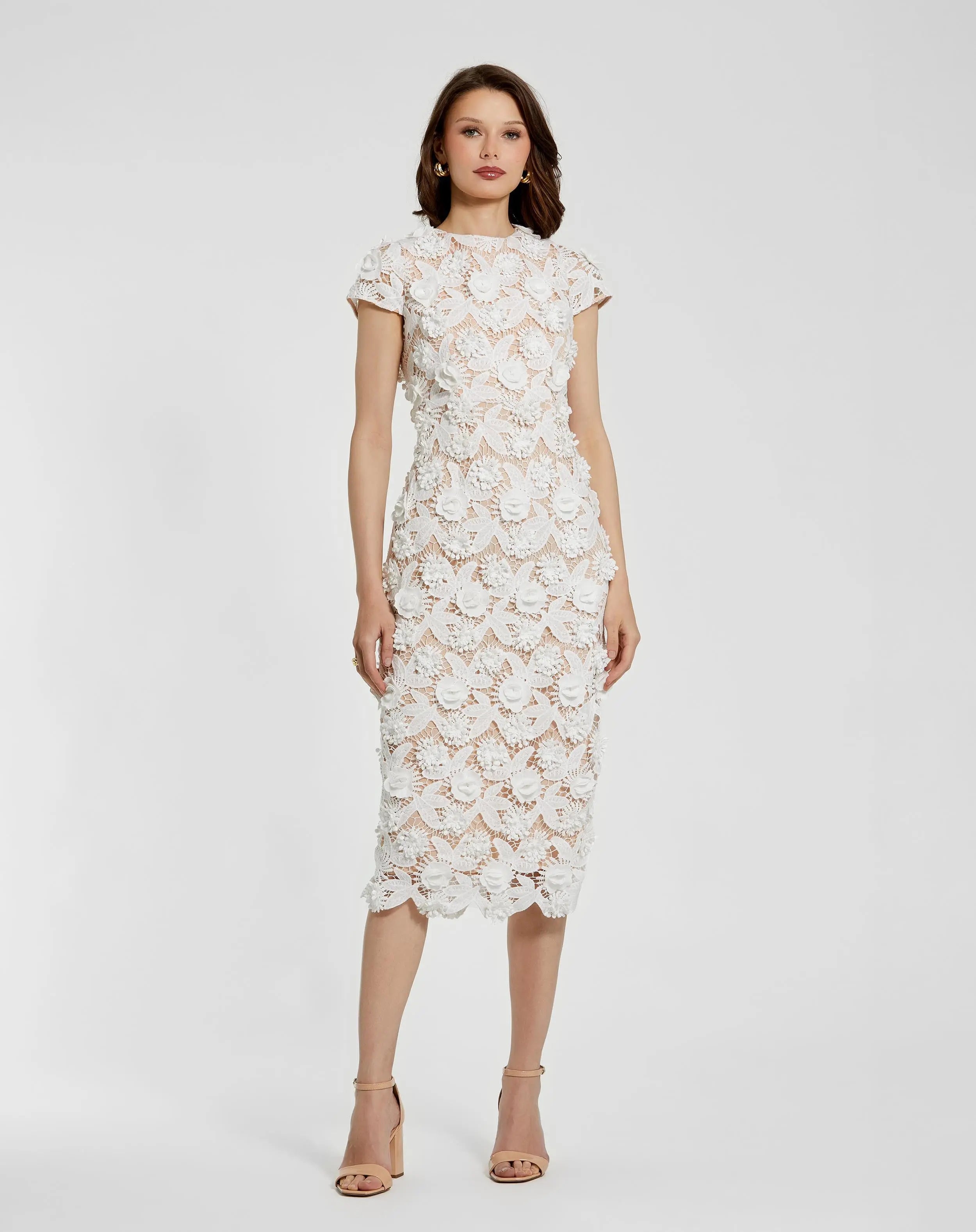 White and Beige Floral Lace Fitted Short Sleeve Midi Dress-Myartka