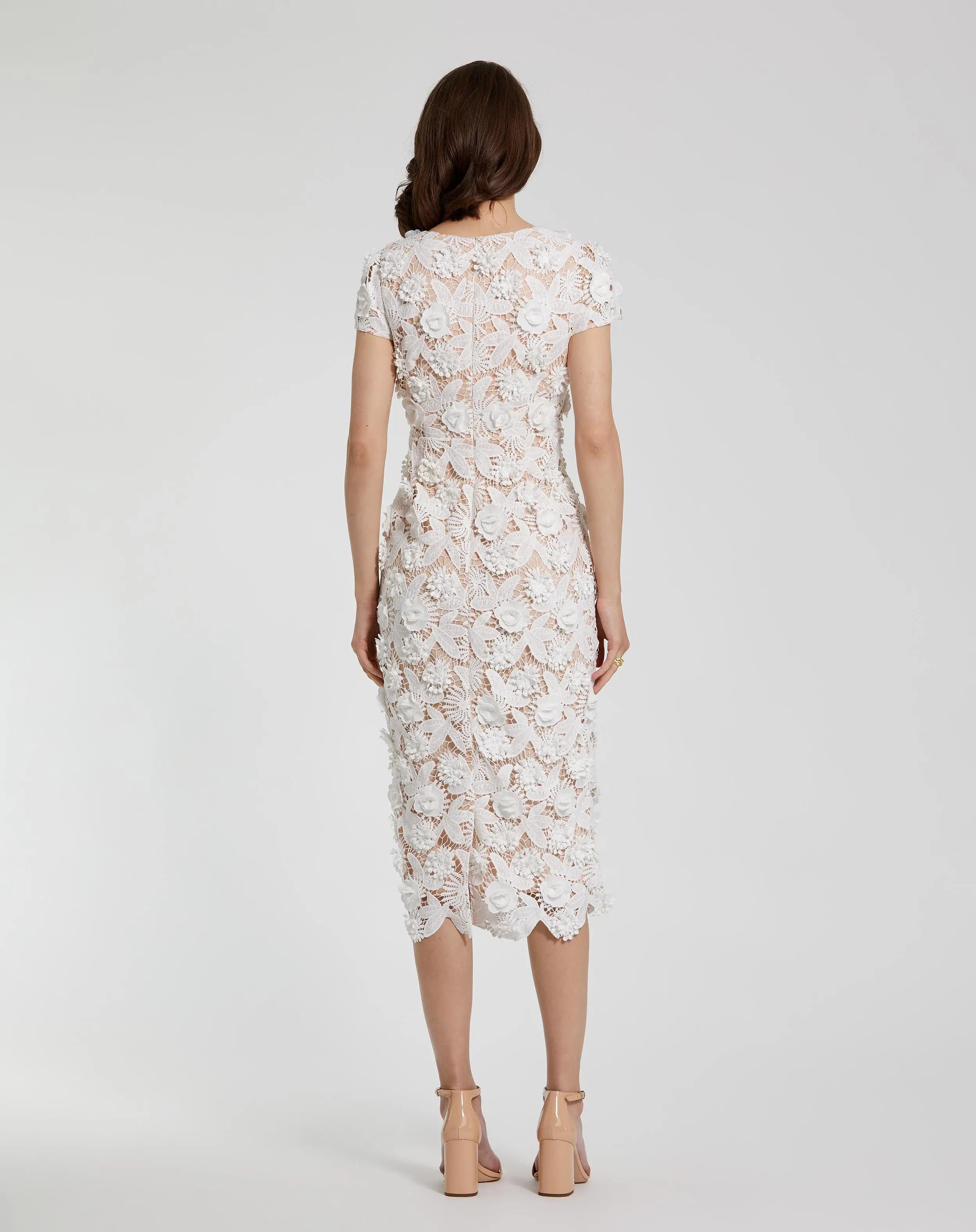 White and Beige Floral Lace Fitted Short Sleeve Midi Dress-Myartka