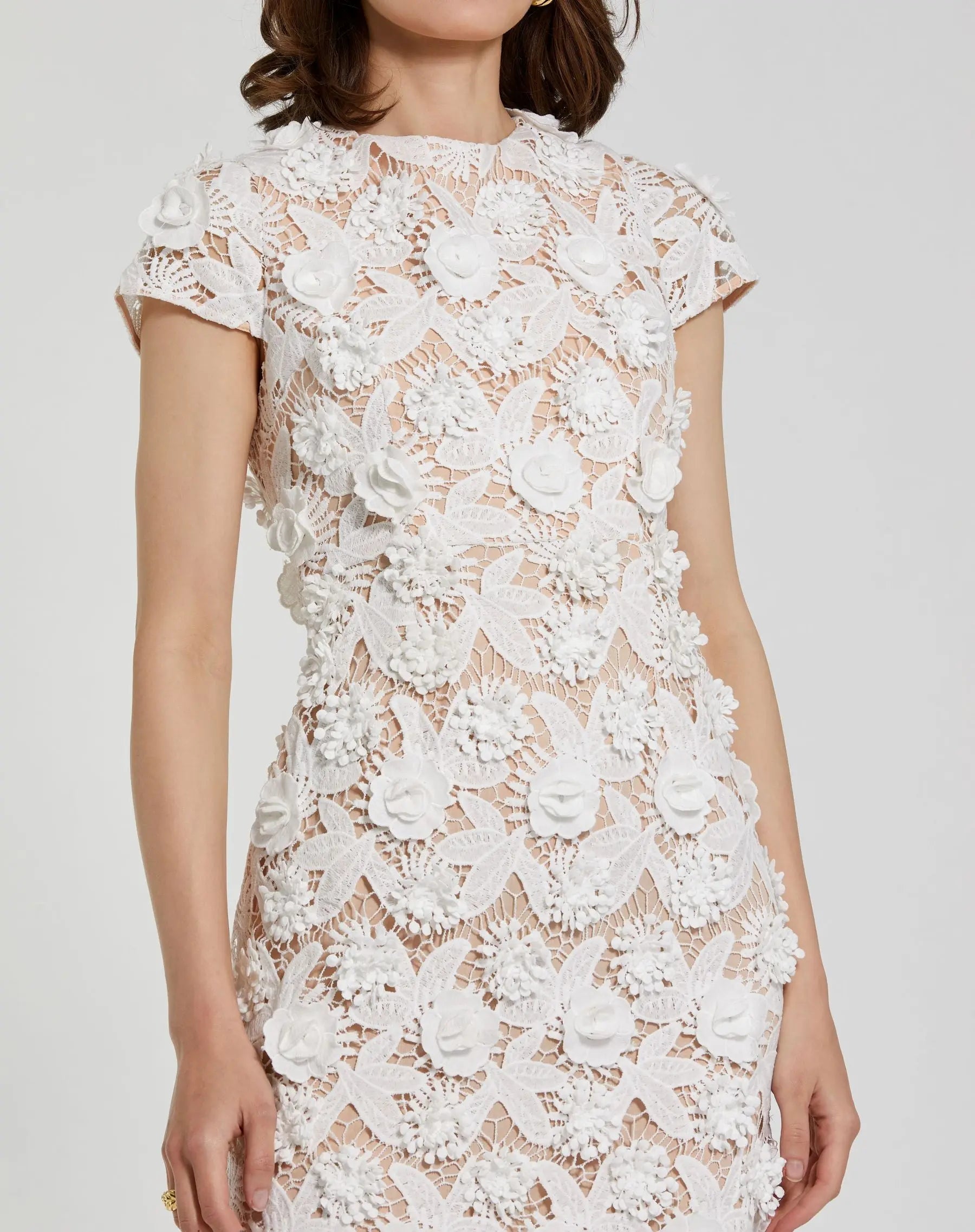 White and Beige Floral Lace Fitted Short Sleeve Midi Dress-Myartka