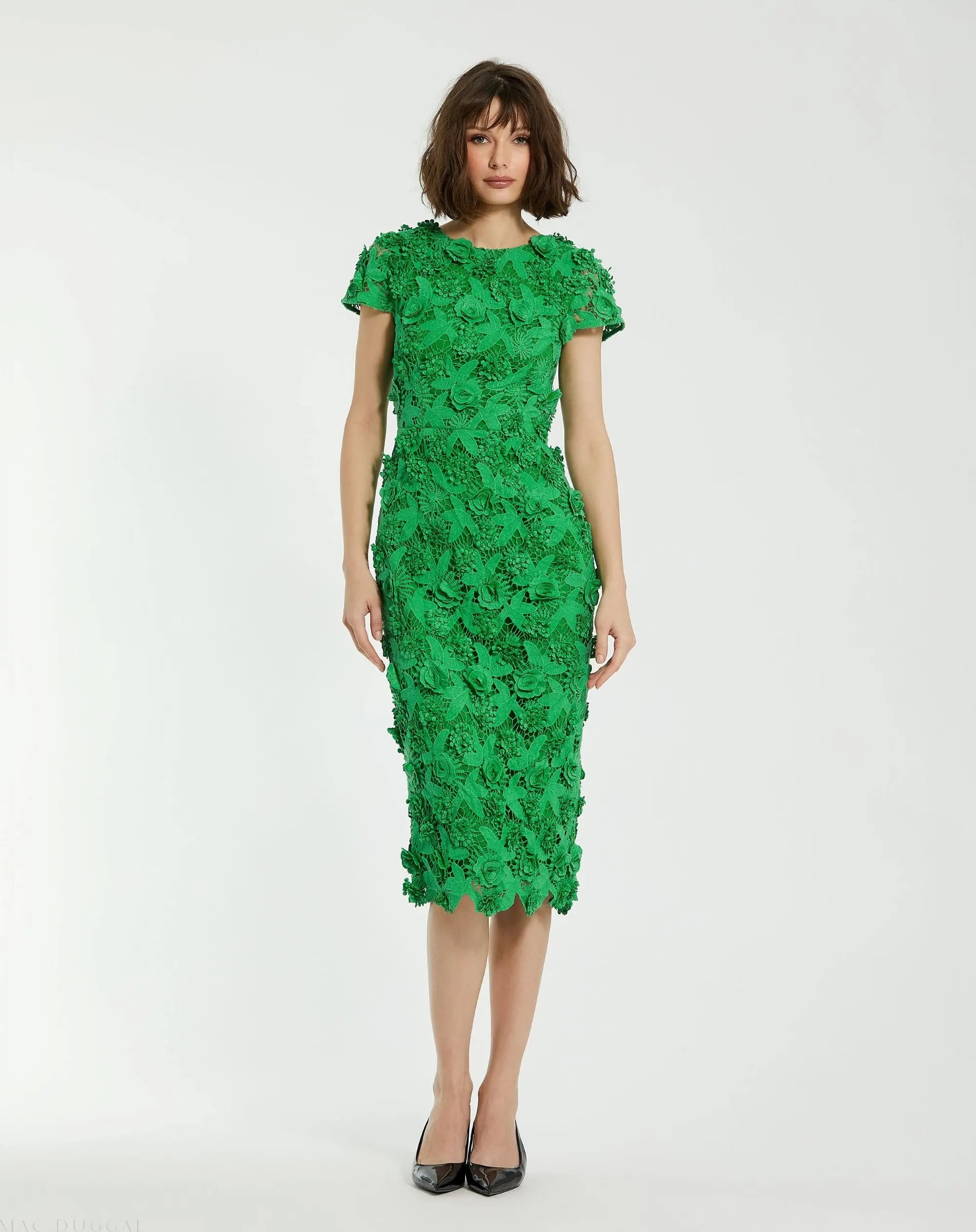 Green Floral Lace Fitted Short Sleeve Midi Dress-Myartka