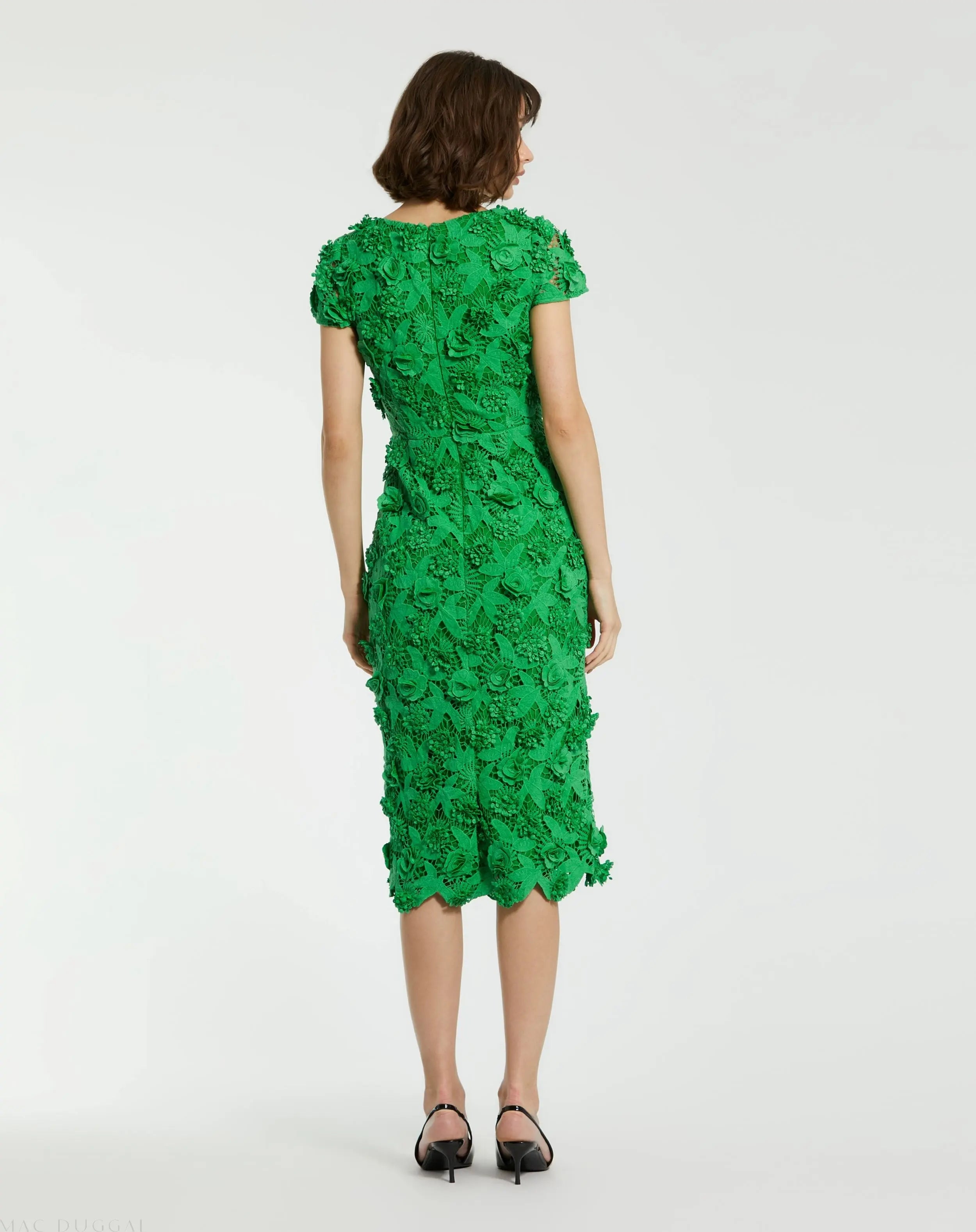 Green Floral Lace Fitted Short Sleeve Midi Dress-Myartka