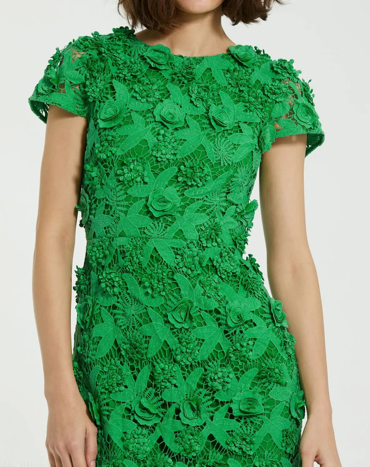 Green Floral Lace Fitted Short Sleeve Midi Dress-Myartka