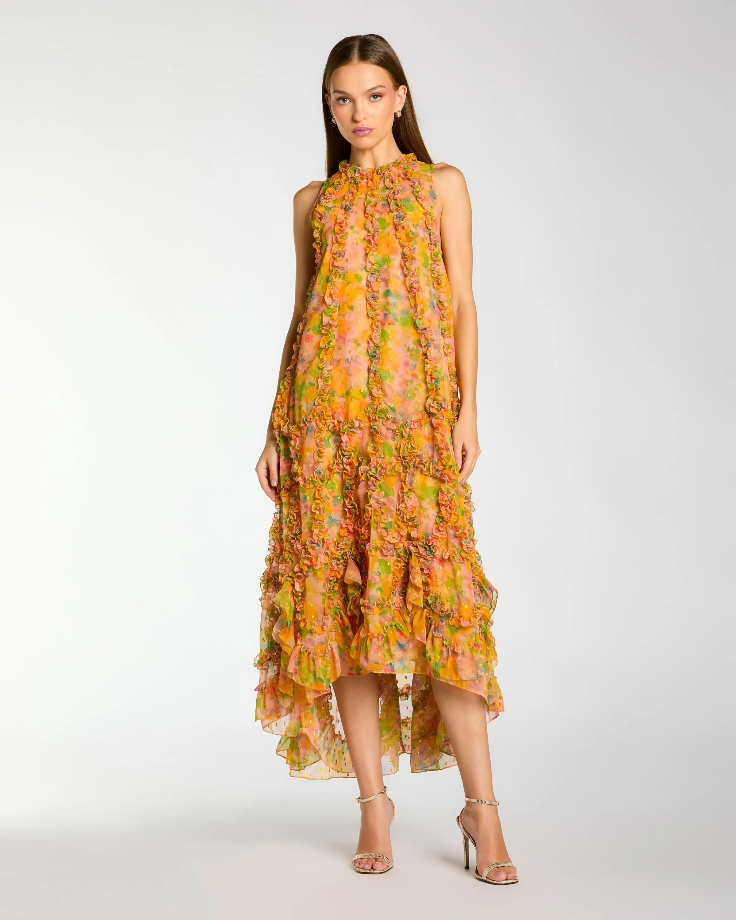 Yellow Sleeveless Floral Chiffon Micro Ruffle Trapeze Midi Dress-Myartka