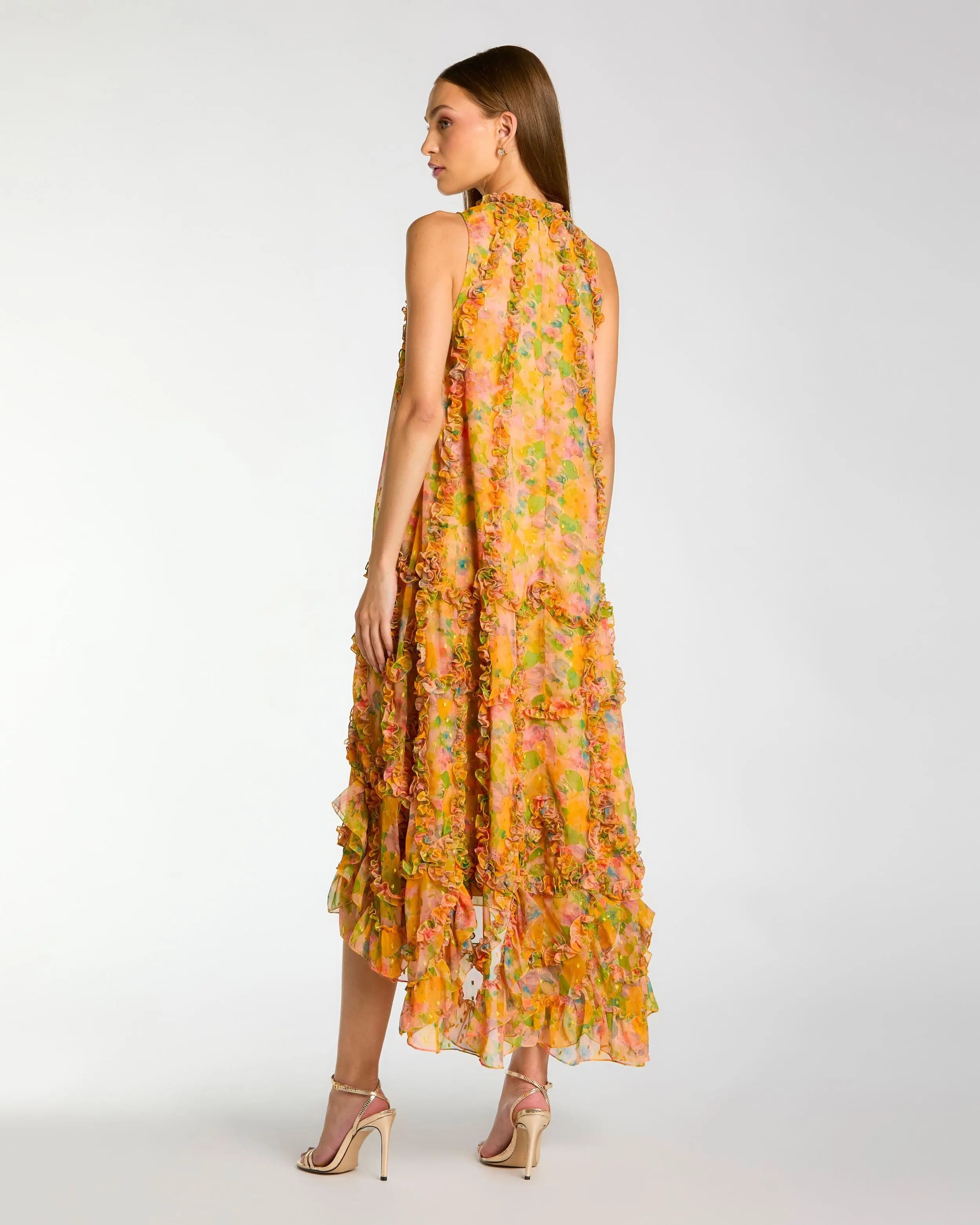 Yellow Sleeveless Floral Chiffon Micro Ruffle Trapeze Midi Dress-Myartka