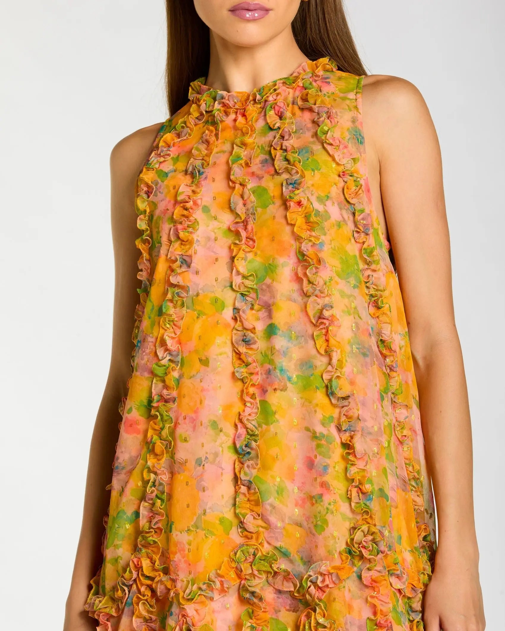 Yellow Sleeveless Floral Chiffon Micro Ruffle Trapeze Midi Dress-Myartka