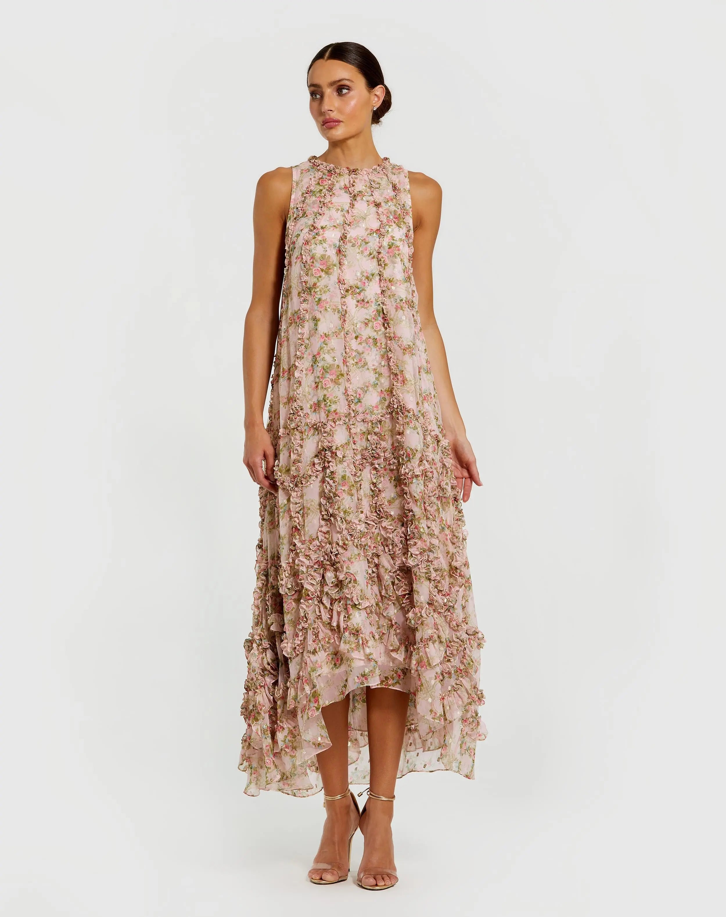Pink Sleeveless Floral Chiffon Micro Ruffle Trapeze Midi Dress-Myartka