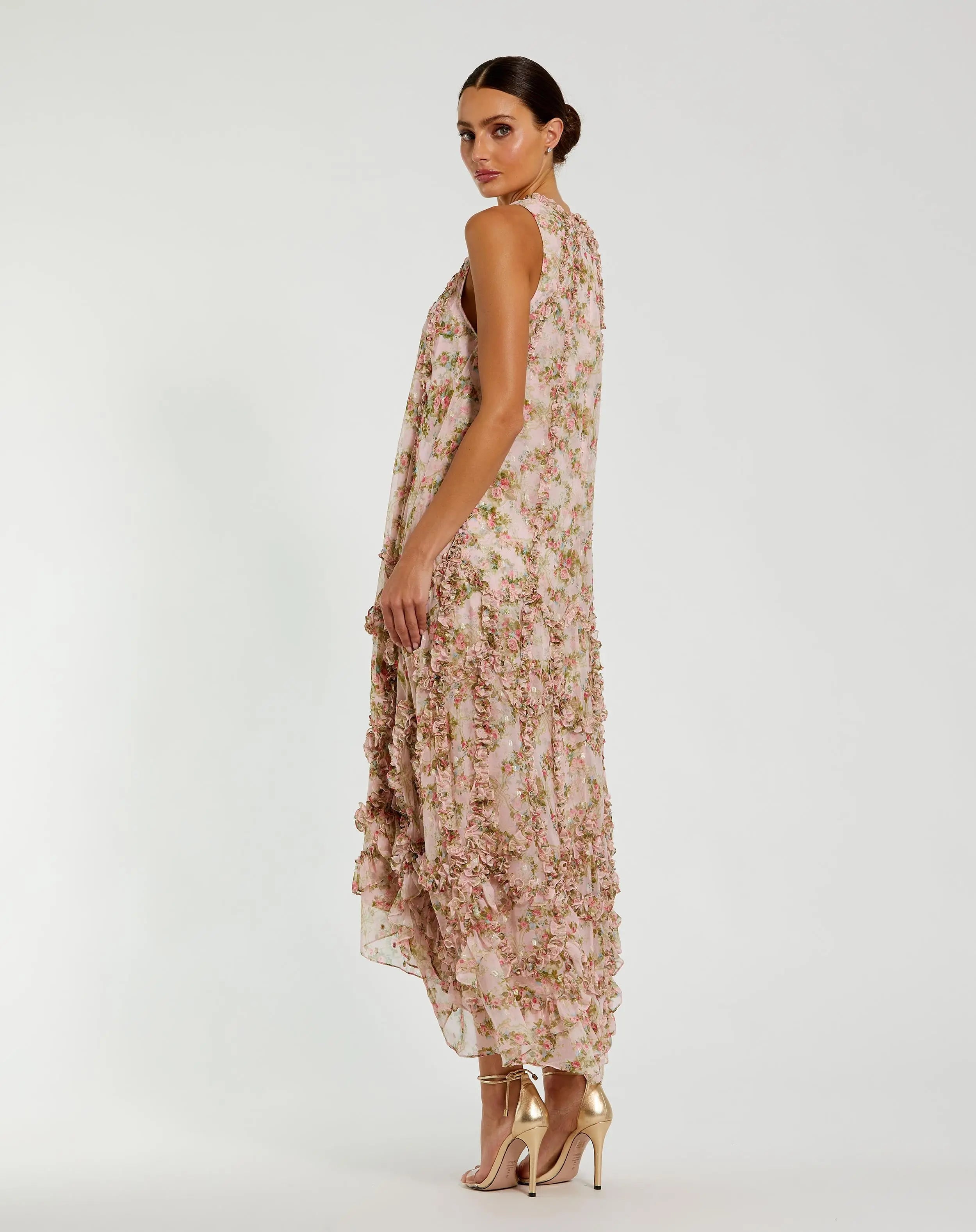 Pink Sleeveless Floral Chiffon Micro Ruffle Trapeze Midi Dress-Myartka