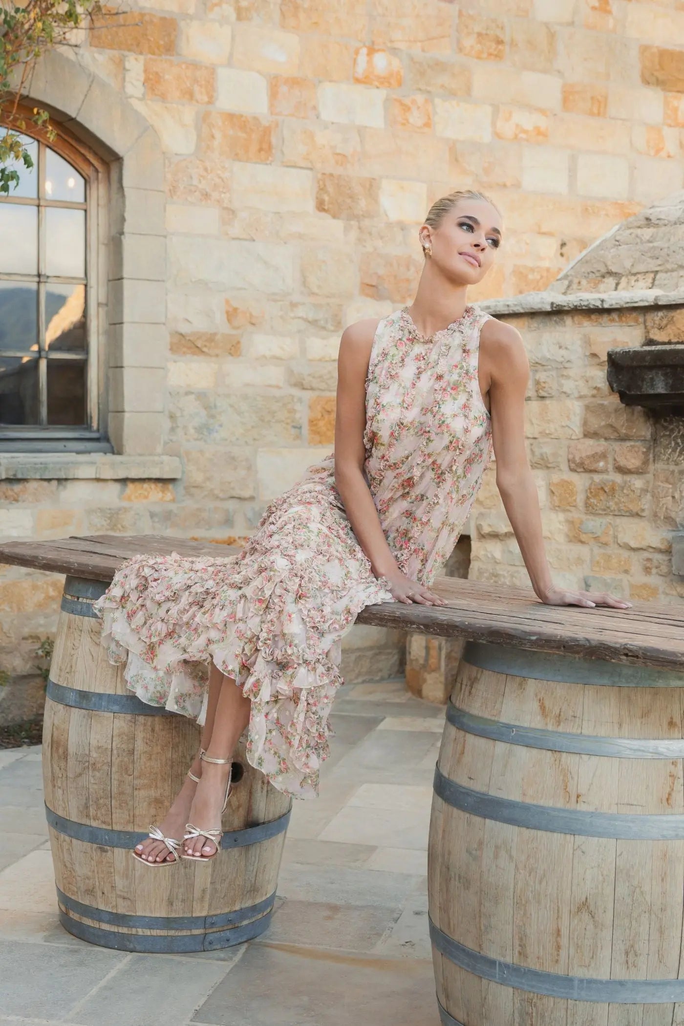 Pink Sleeveless Floral Chiffon Micro Ruffle Trapeze Midi Dress-Myartka