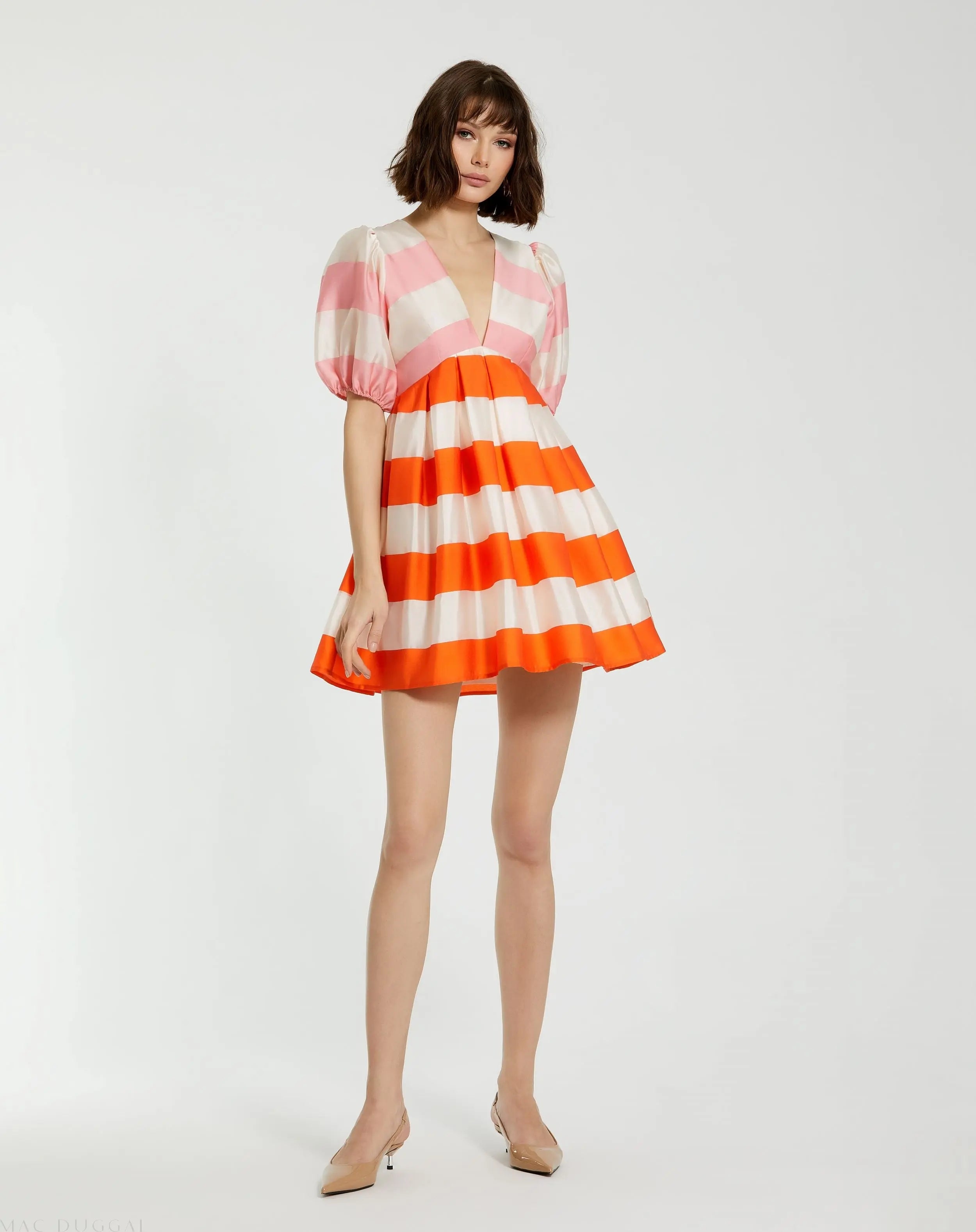 Multicolor Organza Striped Balloon Sleeve Mini Dress-Myartka