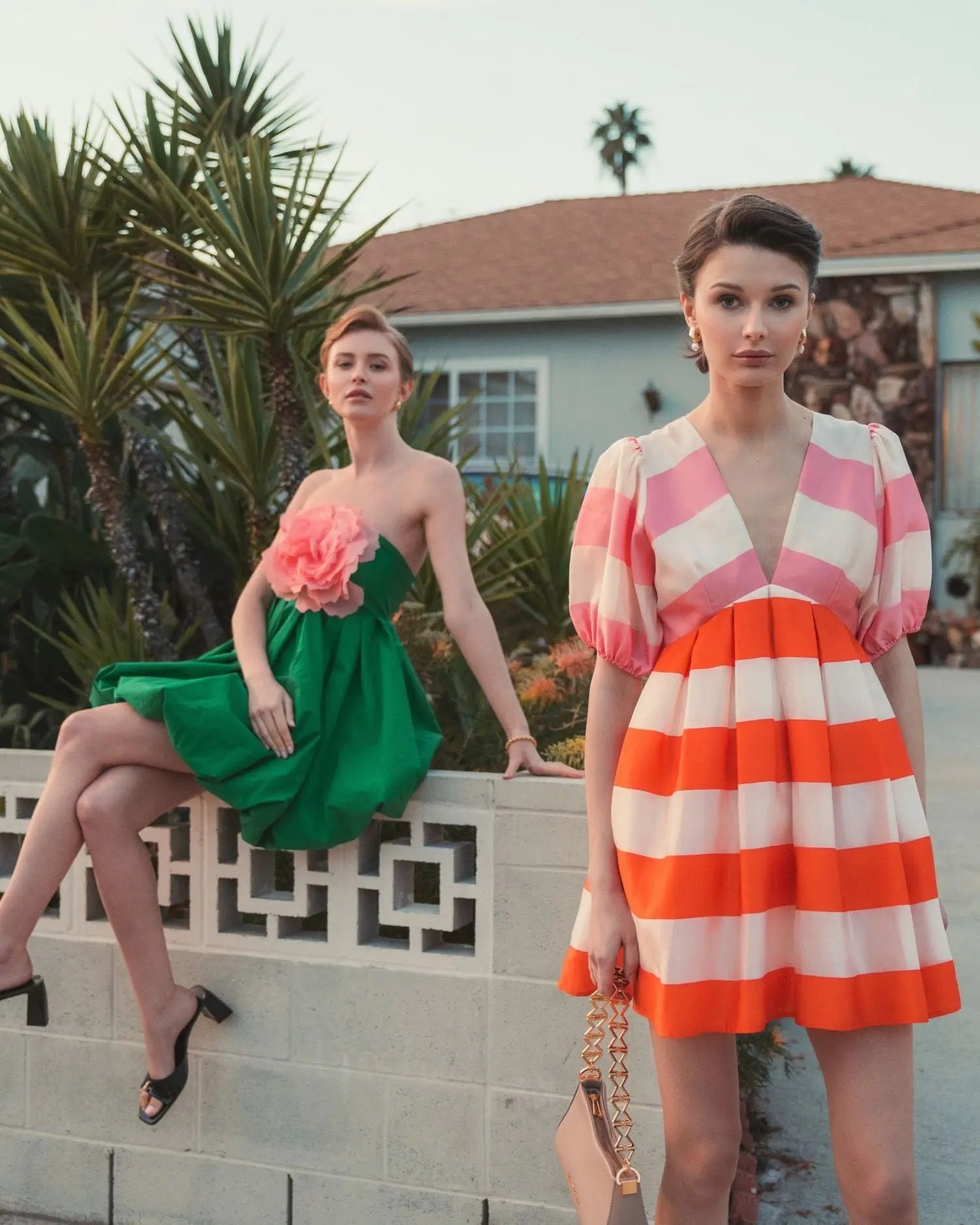 Multicolor Organza Striped Balloon Sleeve Mini Dress-Myartka