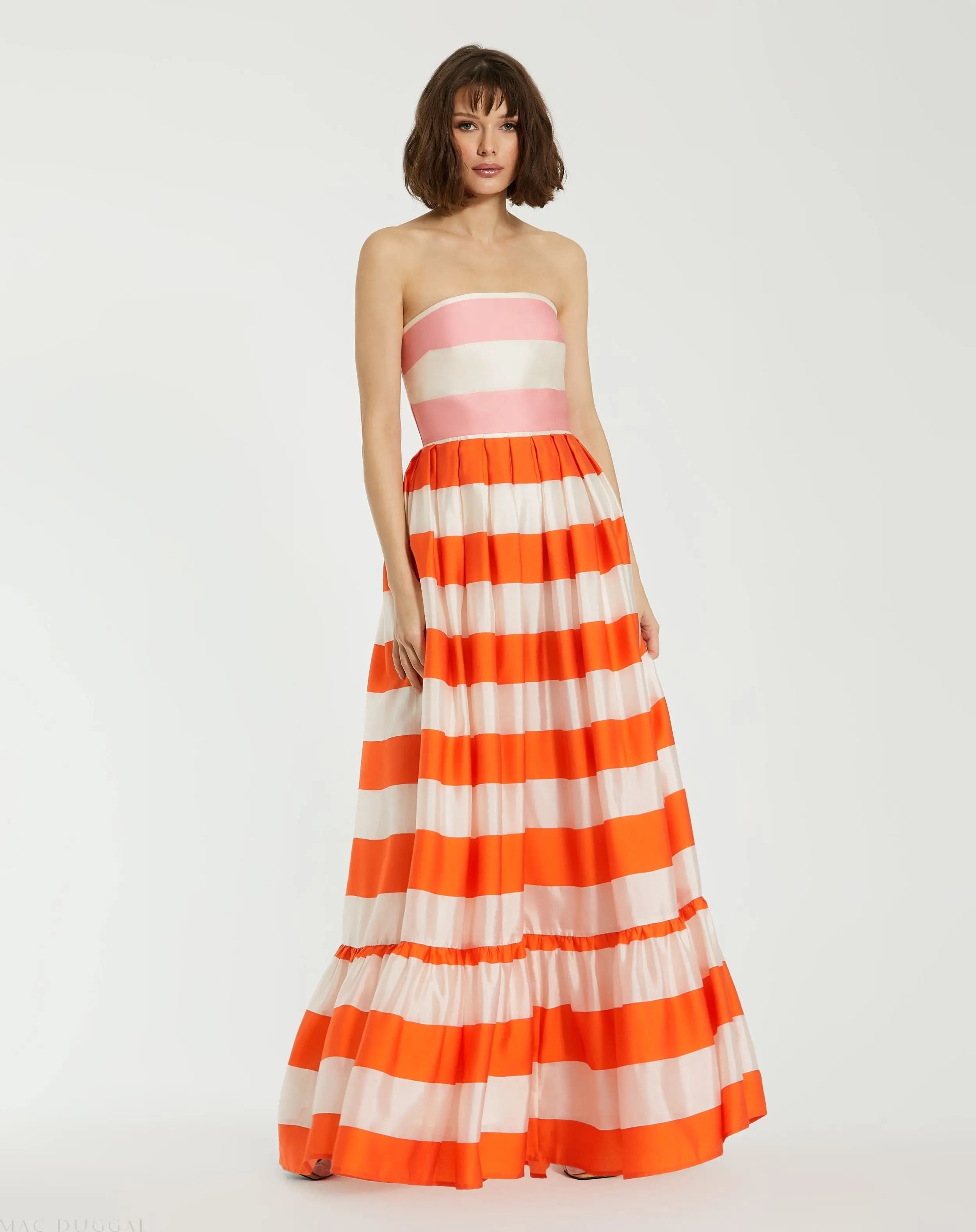 Multicolor Striped Organza Strapless Ruffle Maxi Dress-Myartka