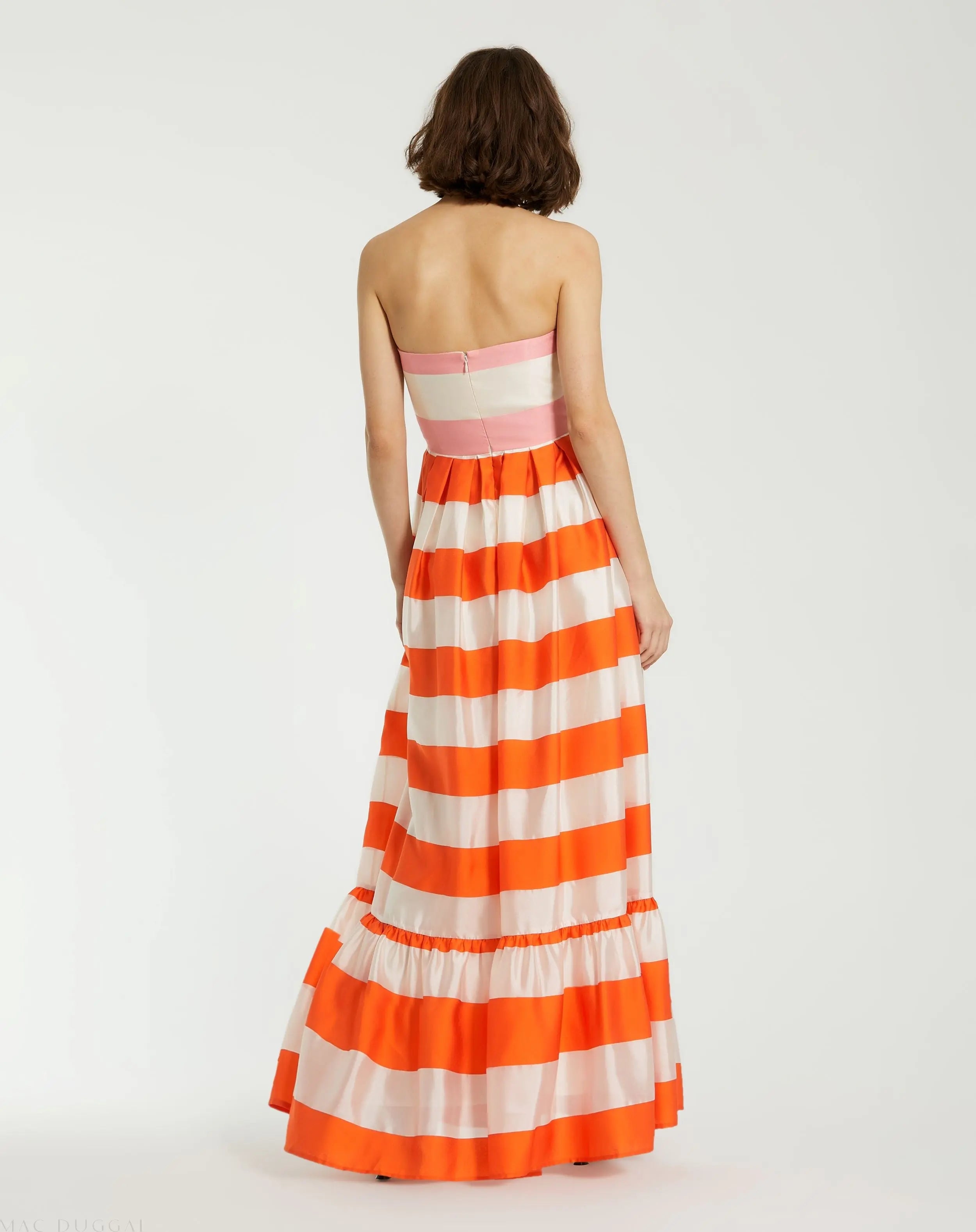 Multicolor Striped Organza Strapless Ruffle Maxi Dress-Myartka