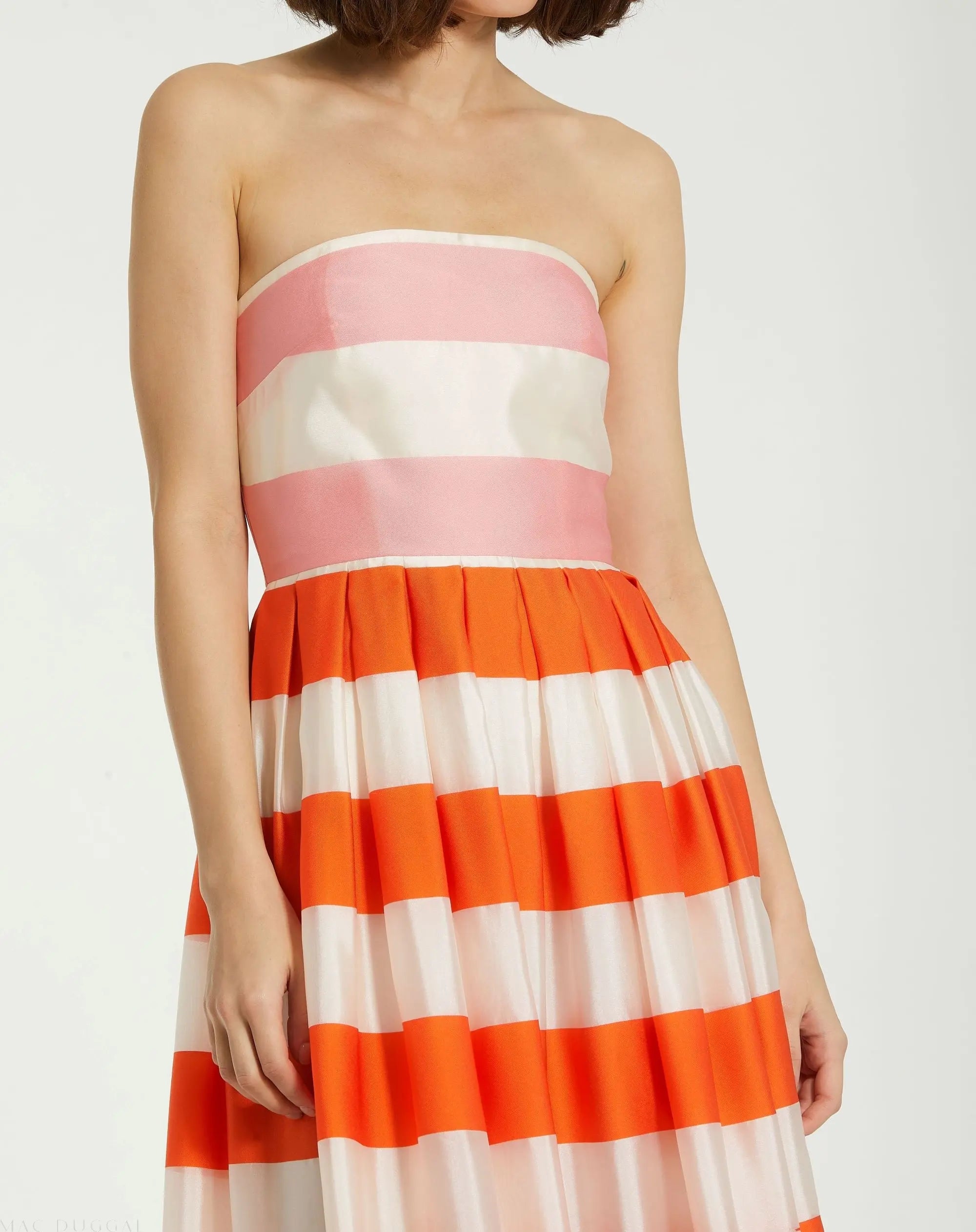 Multicolor Striped Organza Strapless Ruffle Maxi Dress-Myartka