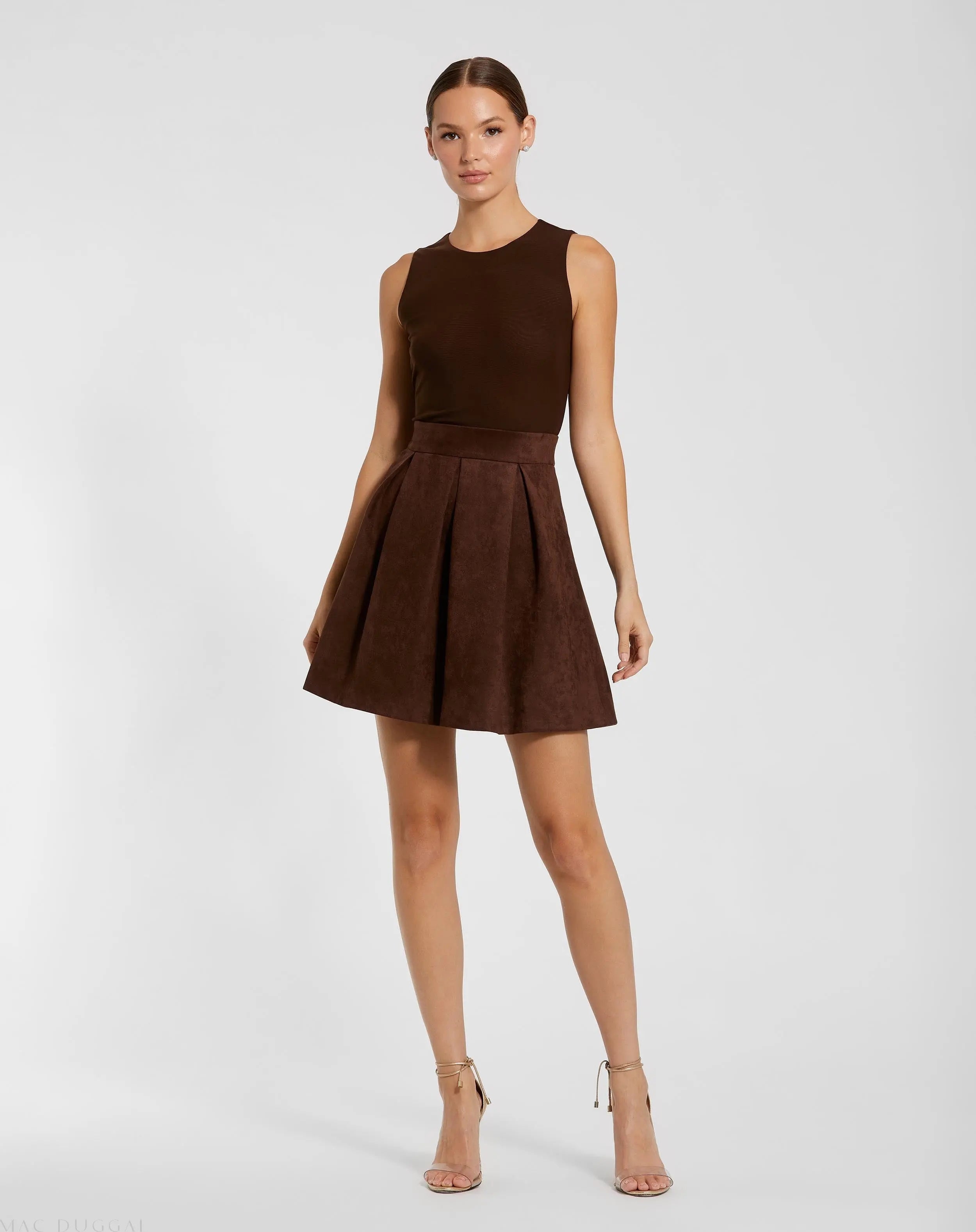 Brown Sleeveless Mesh And Suede A Line Mini Dress-Myartka
