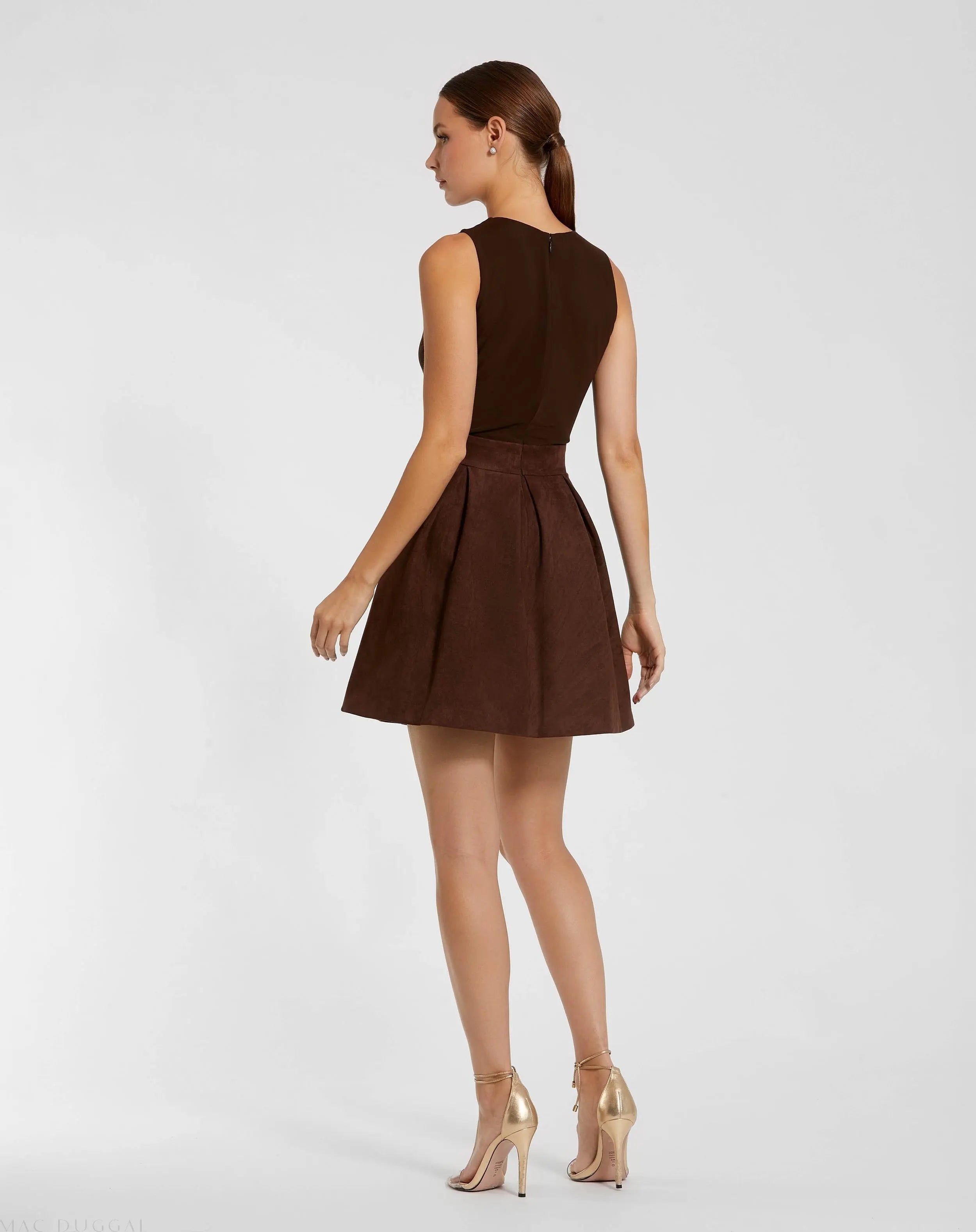 Brown Sleeveless Mesh And Suede A Line Mini Dress-Myartka