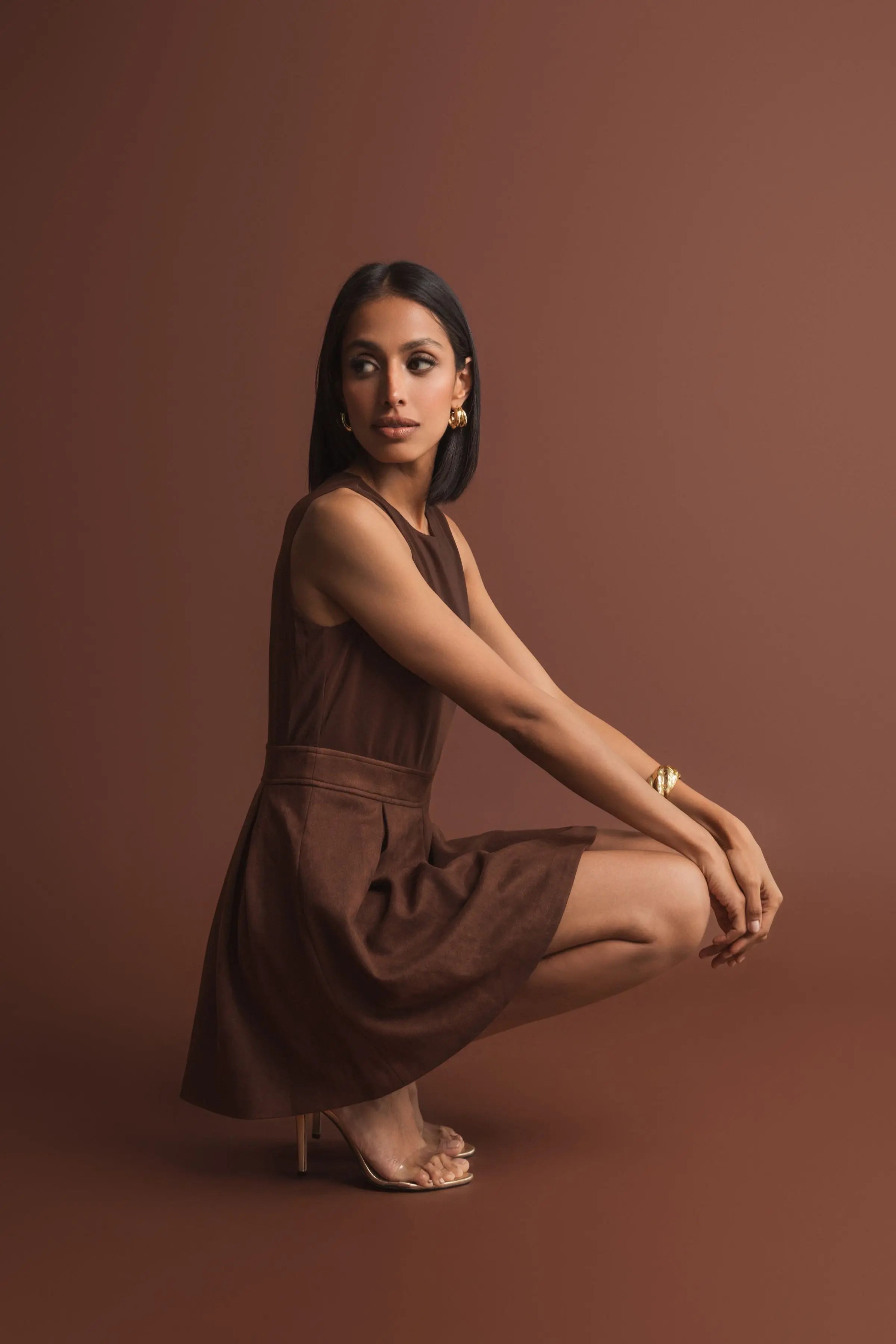 Brown Sleeveless Mesh And Suede A Line Mini Dress-Myartka