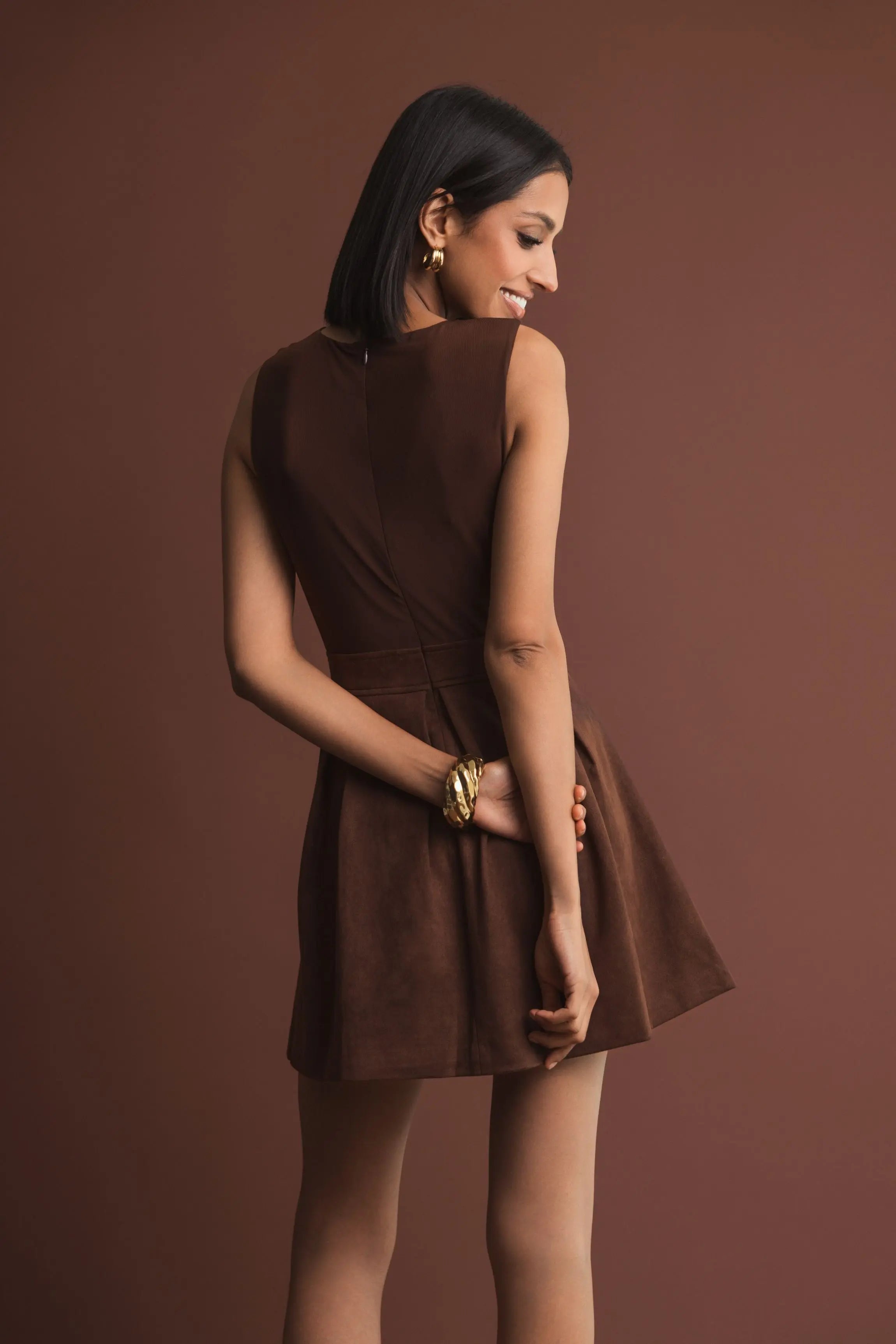 Brown Sleeveless Mesh And Suede A Line Mini Dress-Myartka