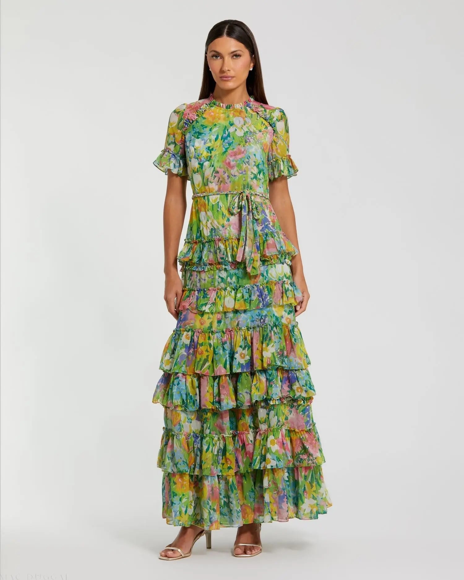 Green Ruffle Tiered Chiffon Floral Dress-Myartka