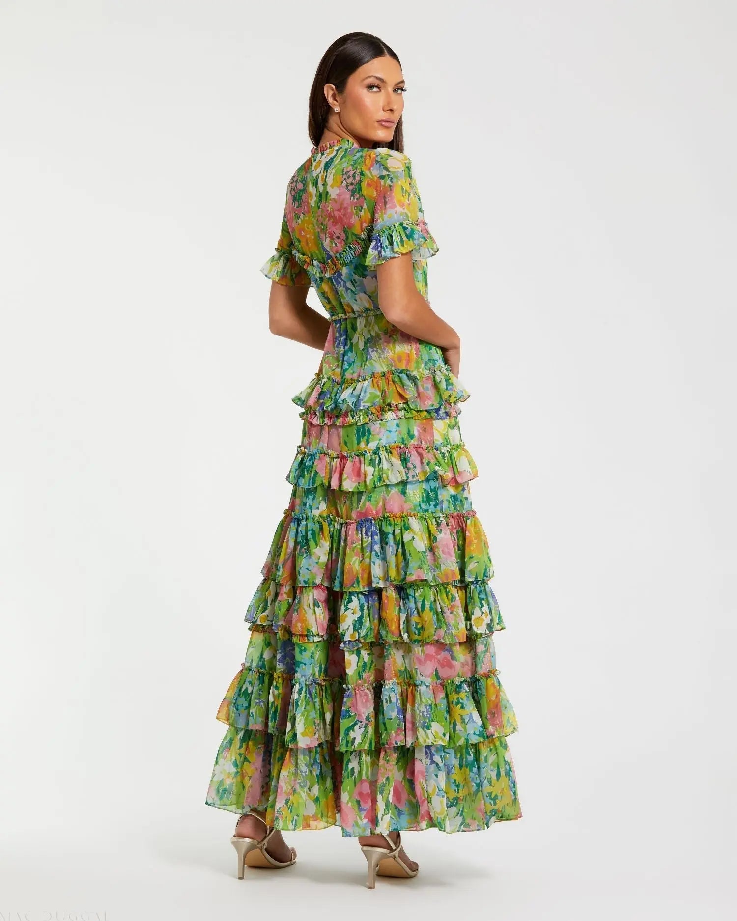 Green Ruffle Tiered Chiffon Floral Dress-Myartka