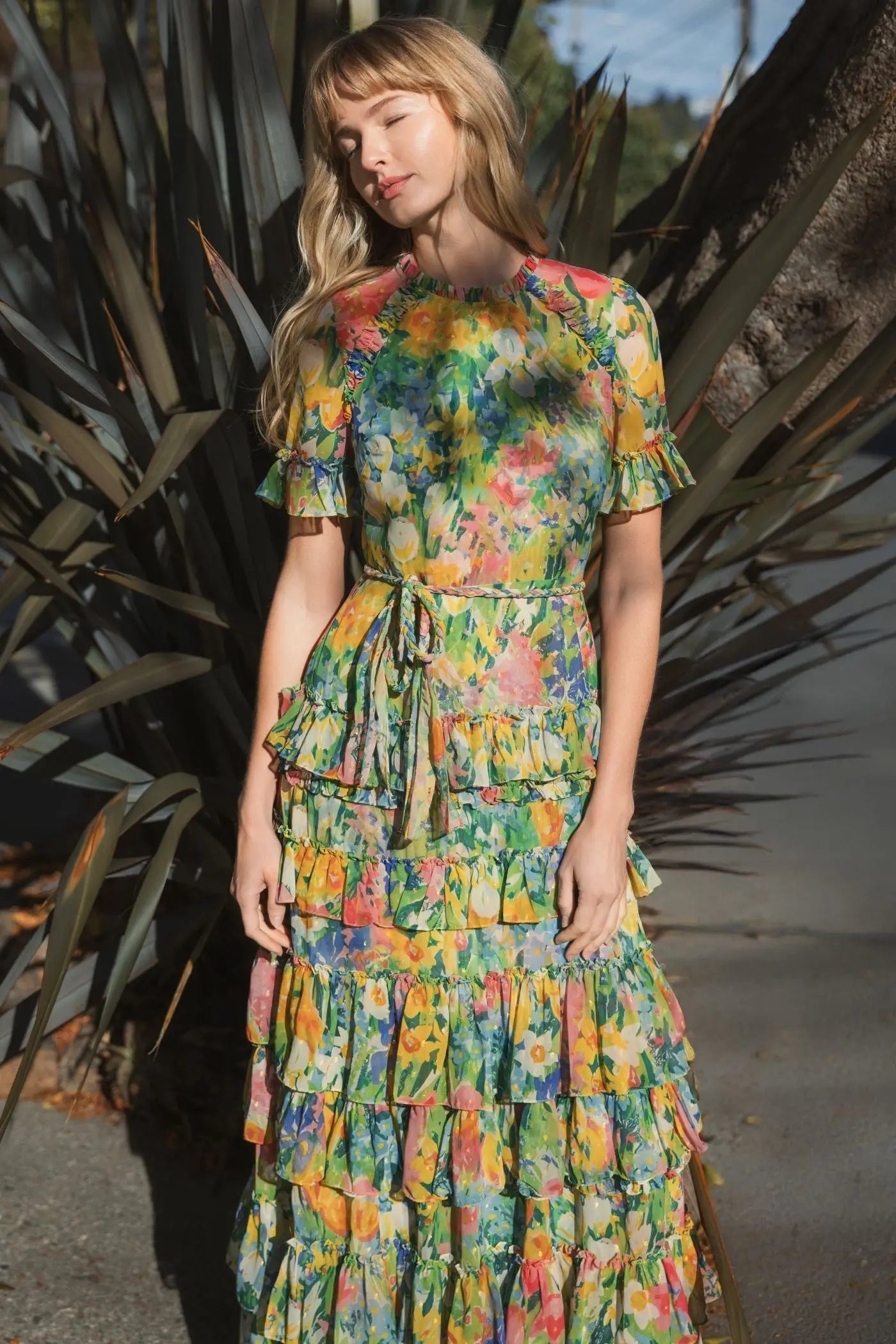 Green Ruffle Tiered Chiffon Floral Dress-Myartka