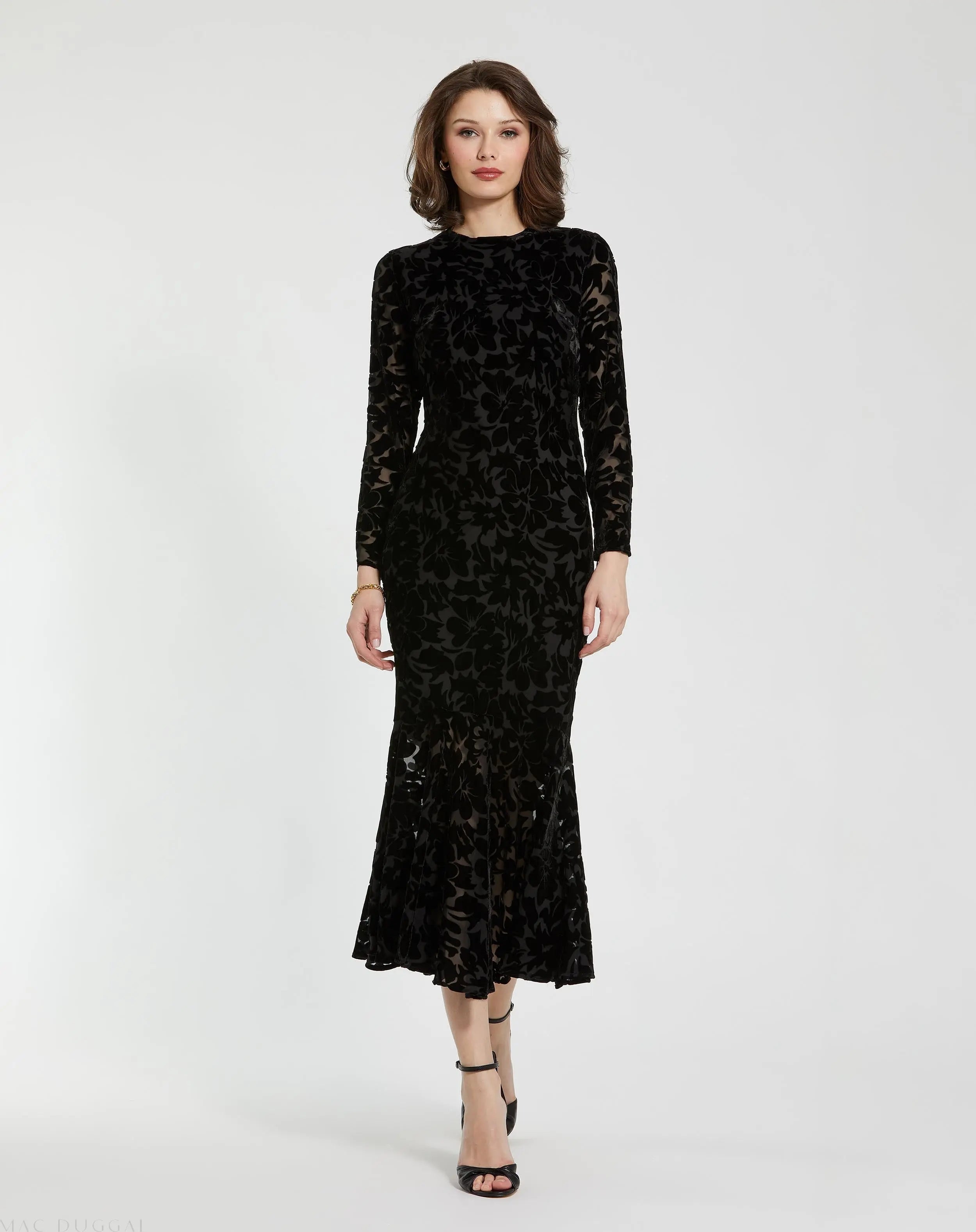 Black Burnout Velvet Long Sleeve Midi Dress-Myartka